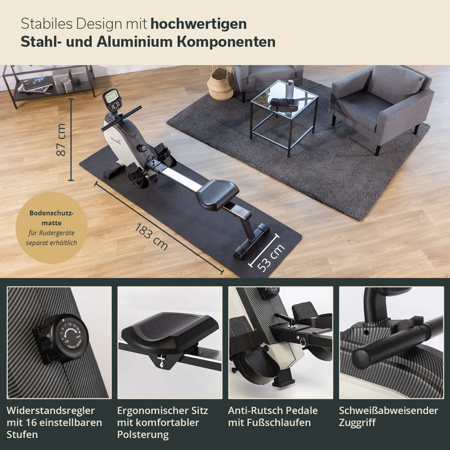 Rudergerät auf Bodenschutzmatte in modernem Wohnraum, umgeben von Sofa, Tisch und Teppich. Maße und Funktionen sind beschrieben.