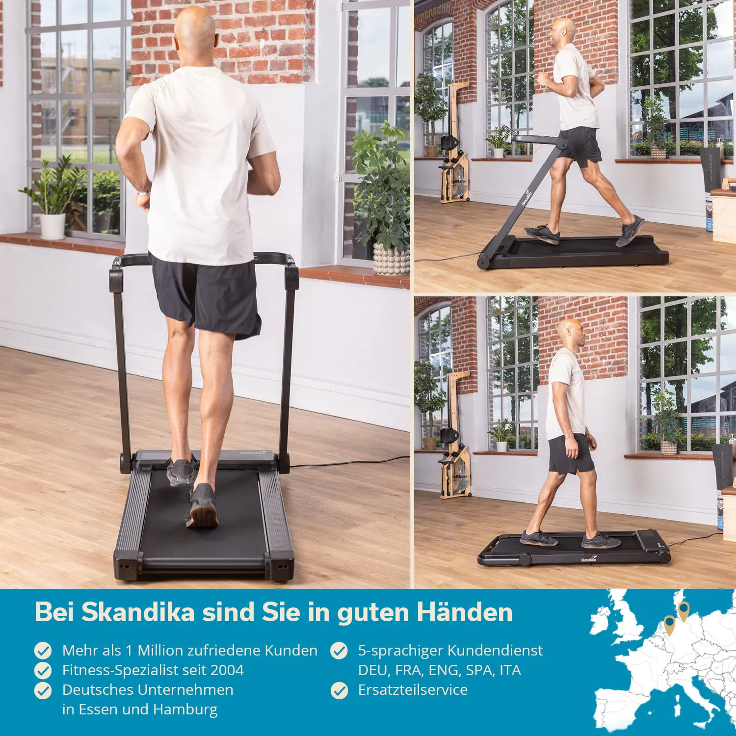Mann in sportlicher Kleidung läuft auf einem Laufband in einem gut beleuchteten Raum mit Fenstern und Pflanzen.