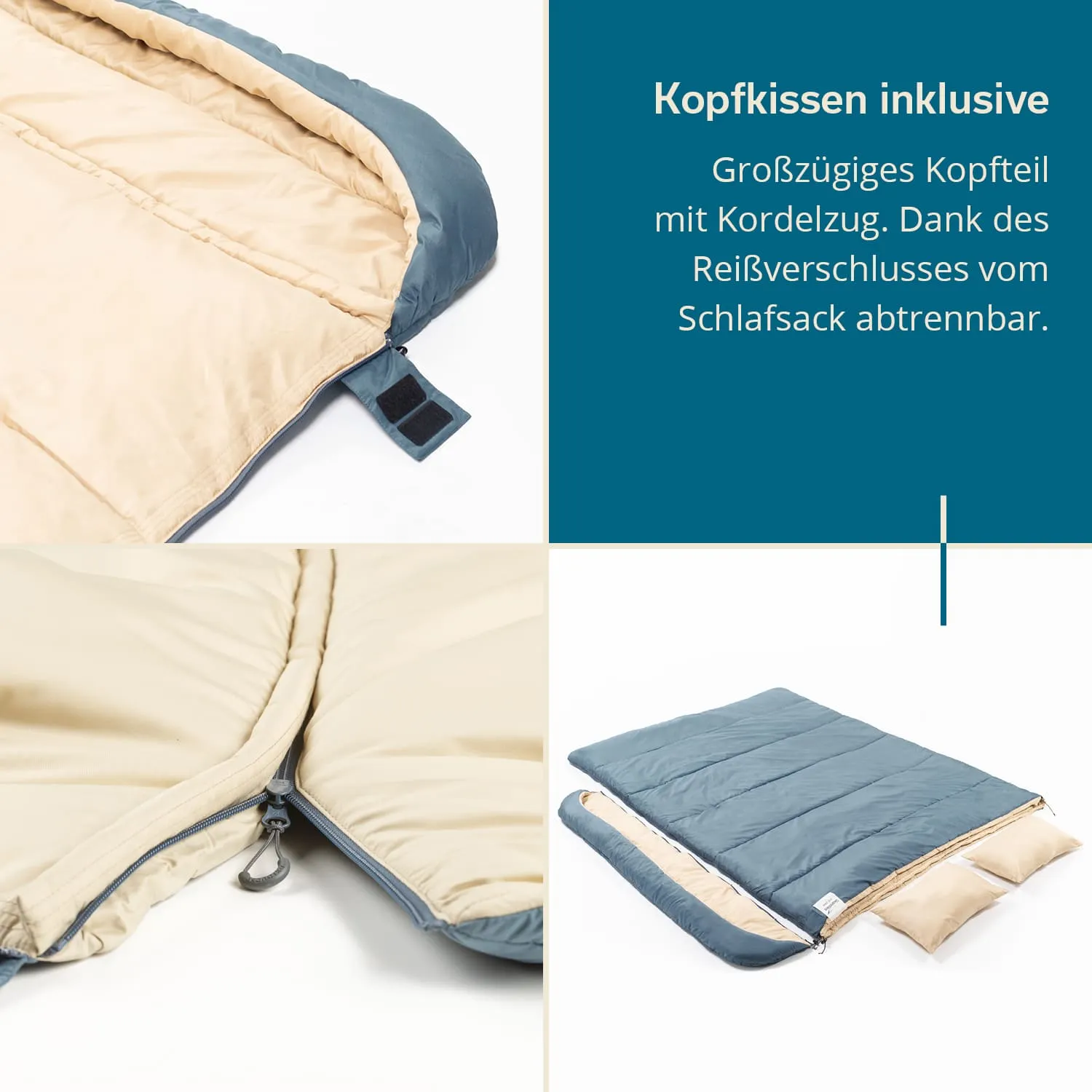 Schlafsack mit abnehmbarem Kopfteil und Kordelzug. Zu sehen sind Details des Reißverschlusses und Kissen.