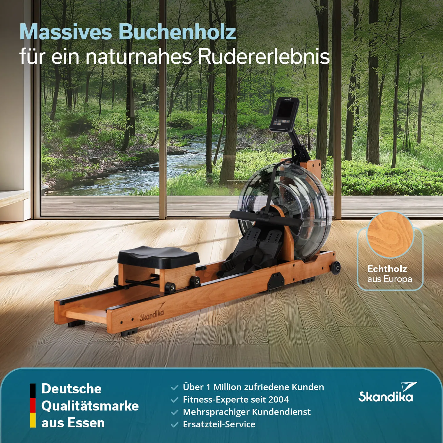 Rudergerät aus massivem Buchenholz steht vor einer großen Glasfront mit Blick auf einen Wald und einen Fluss.
