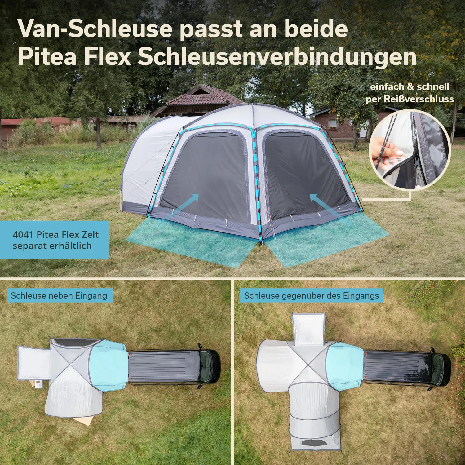 Zelt mit grauer Front und hellen Akzenten auf Rasen, zwei Ansichten einer Schleuse an einem Van, Textstellen im Bild.