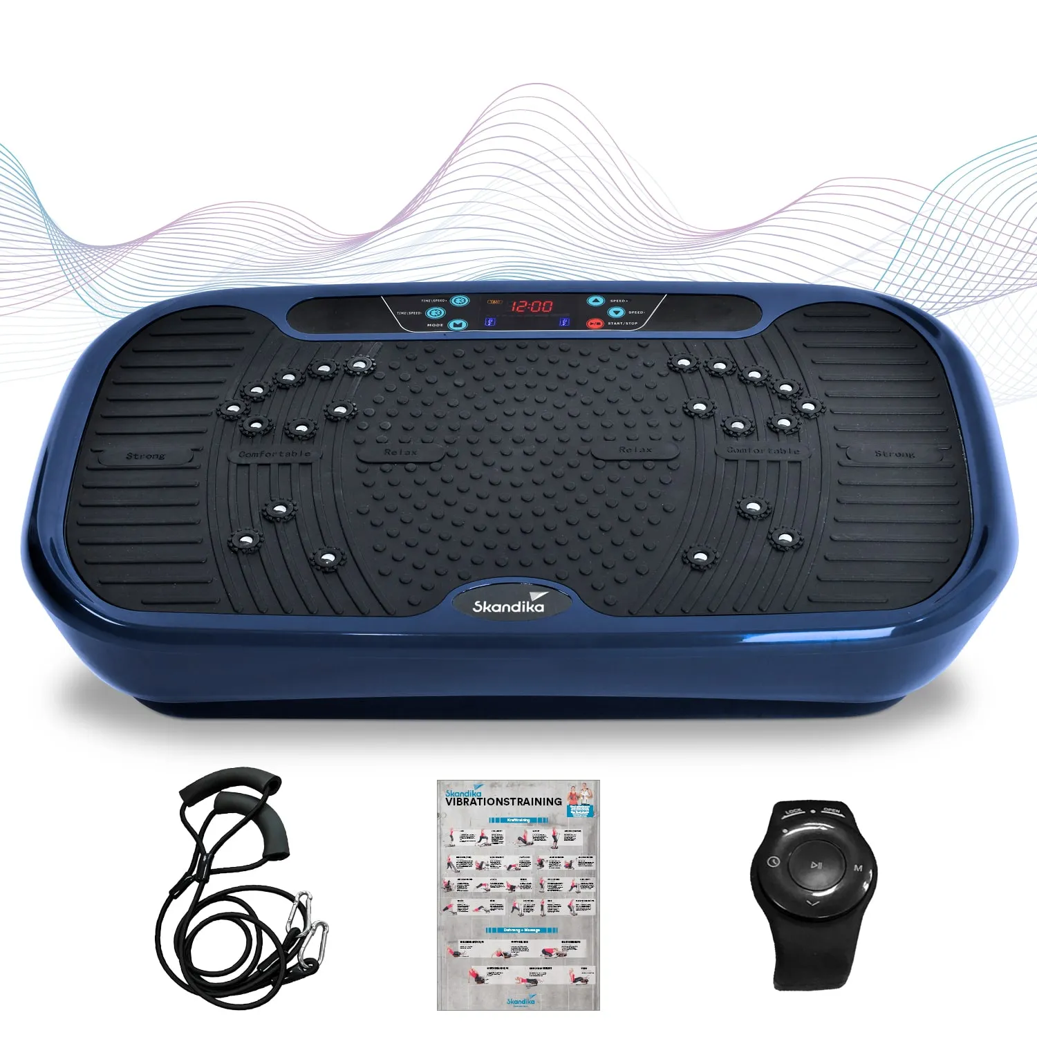 Vibrationsplatte in Blau mit Steuerungselementen. Neben der Platte liegen ein Widerstandsbänder-Set, ein Handbuch und eine digitale Uhr.
