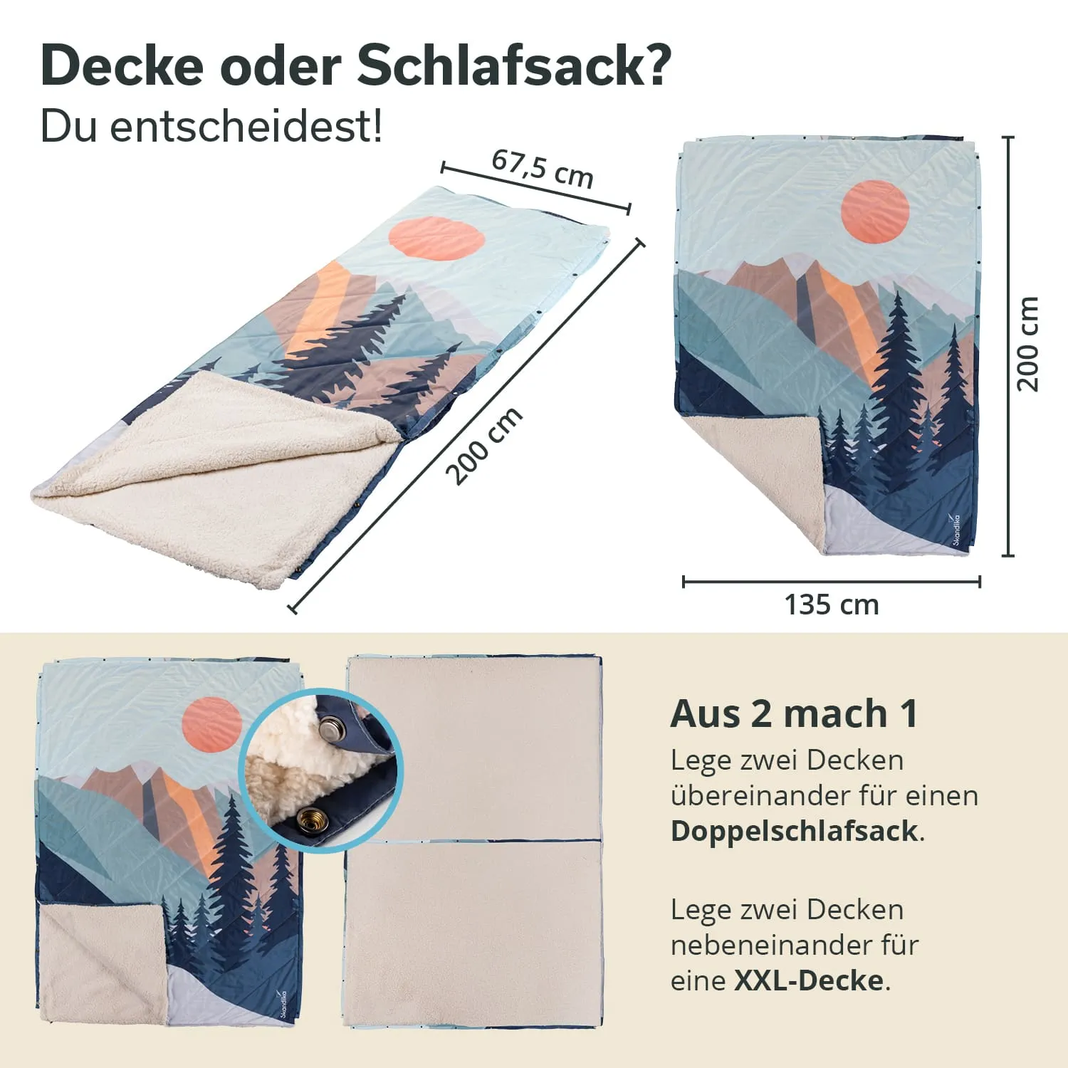 Eine Decke oder ein Schlafsack mit farbigem Berglandschafts-Design, maßen und Nutzungsmöglichkeiten dargestellt.