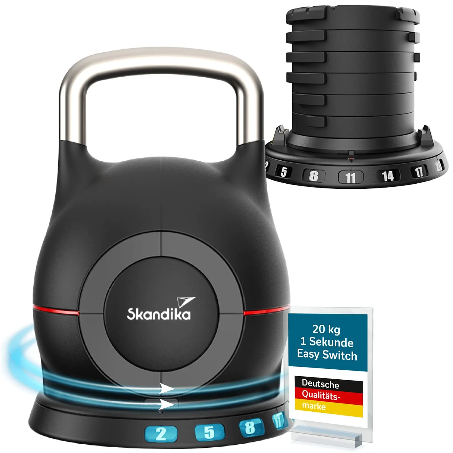 Schwarz-grauer Kettlebell mit einem verstellbaren Gewichtssystem und einer Bedienleiste. Daneben ein Aufsteller mit Informationen.