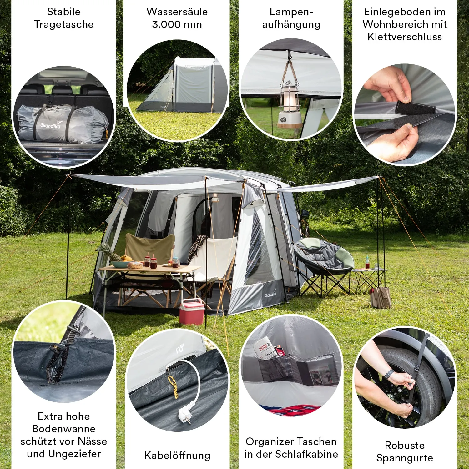 Bild eines Campingtents auf Rasen mit einer Tragetasche, zwei Stühlen, einem Tisch mit Getränken und einem Aufsatz.
