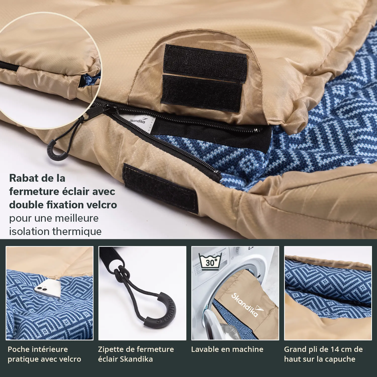 Schlafsack mit beigem Außenmaterial und blauem Innenfutter. Sichtbare Reißverschlussabdeckung, Innentasche und Waschsymbol.