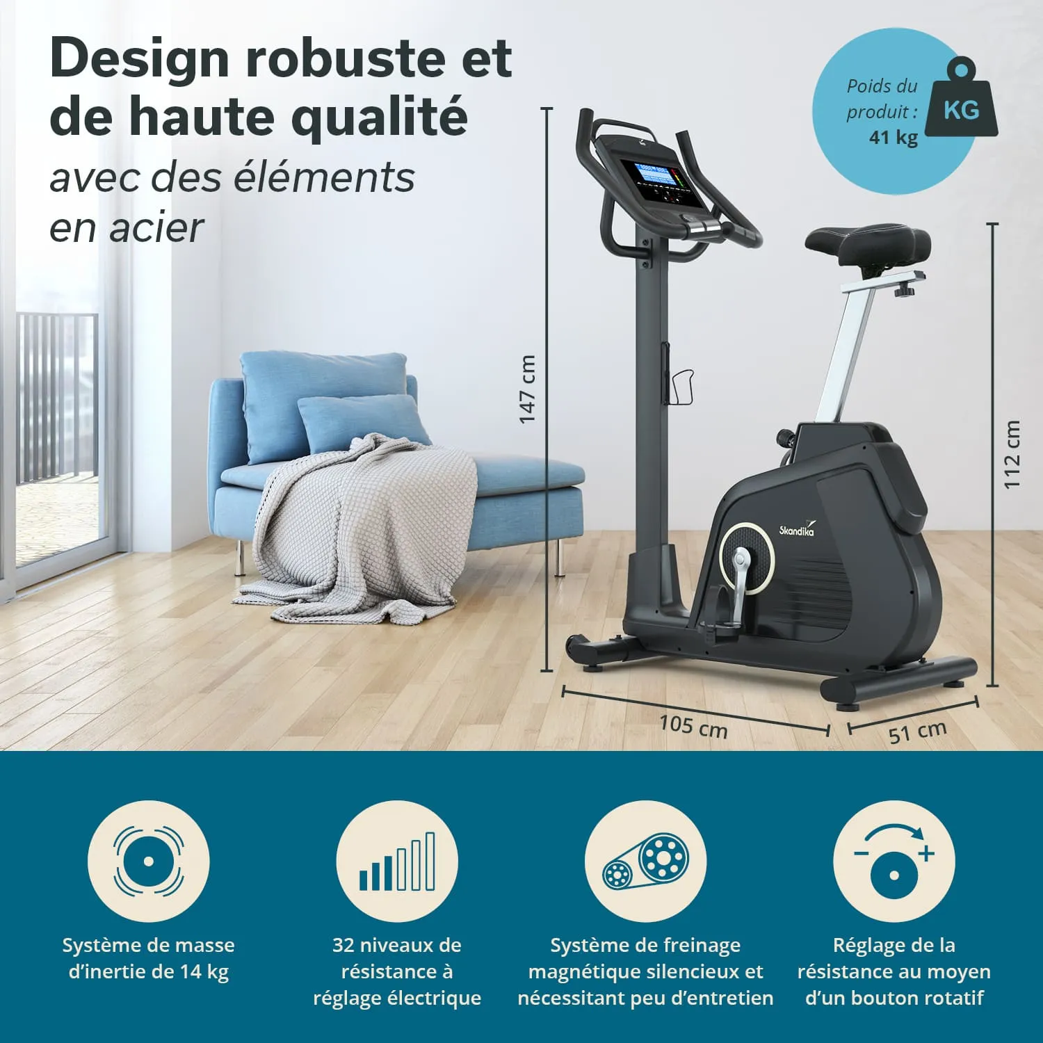 Fitnessgerät in einem Raum mit Holzboden, Couch, Kissen und Decke. Maße und Produktdetails sind angegeben.
