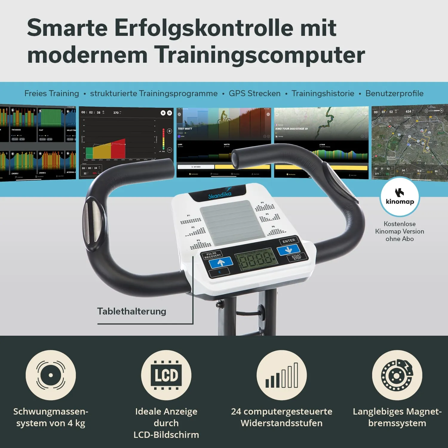 Bild eines Heimtrainingsgeräts mit LCD-Bildschirm, Halterung für Tablets und verstellbaren Handgriffen. Grafiken im Hintergrund zeigen Trainingsdaten.