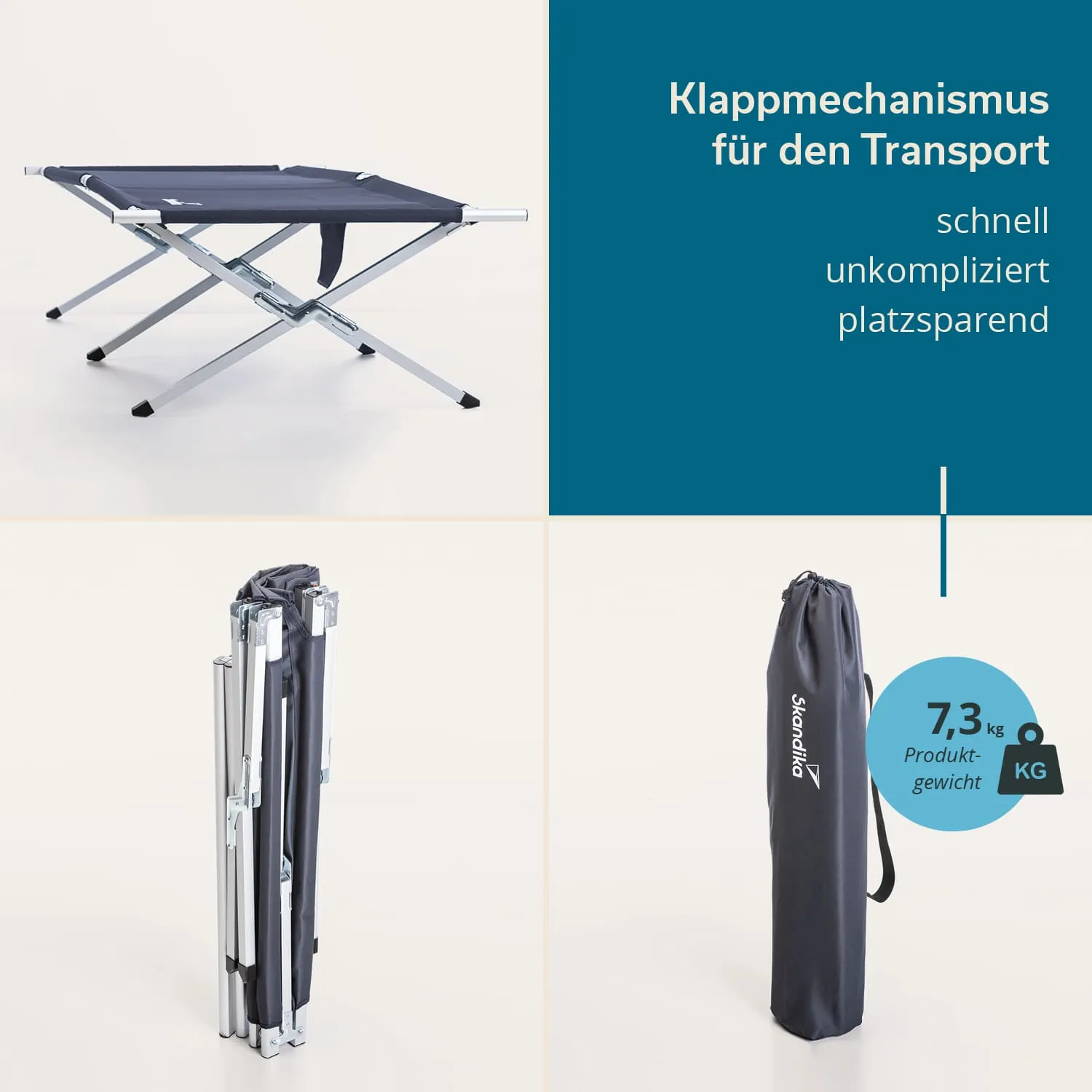 Zusammenklappbarer Campingtisch aus Aluminium mit einer dunklen Oberfläche und einem Tragebeutel mit Gewichtsinformation.