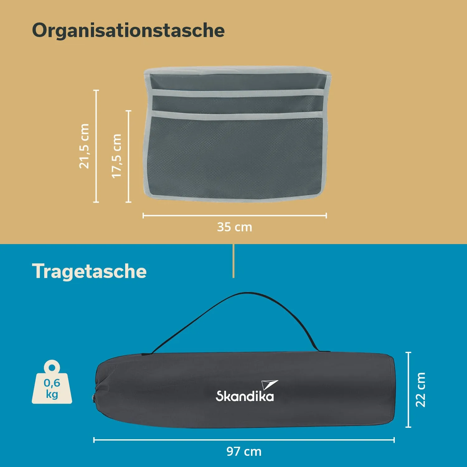 Abbildung von zwei Taschen. Oben eine graue Organisationstasche mit Maßen 35 x 21,5 x 17,5 cm. Unten eine schwarze Tragetasche mit dem Logo "Skandika", die 97 x 22 cm misst und 0,6 kg wiegt.