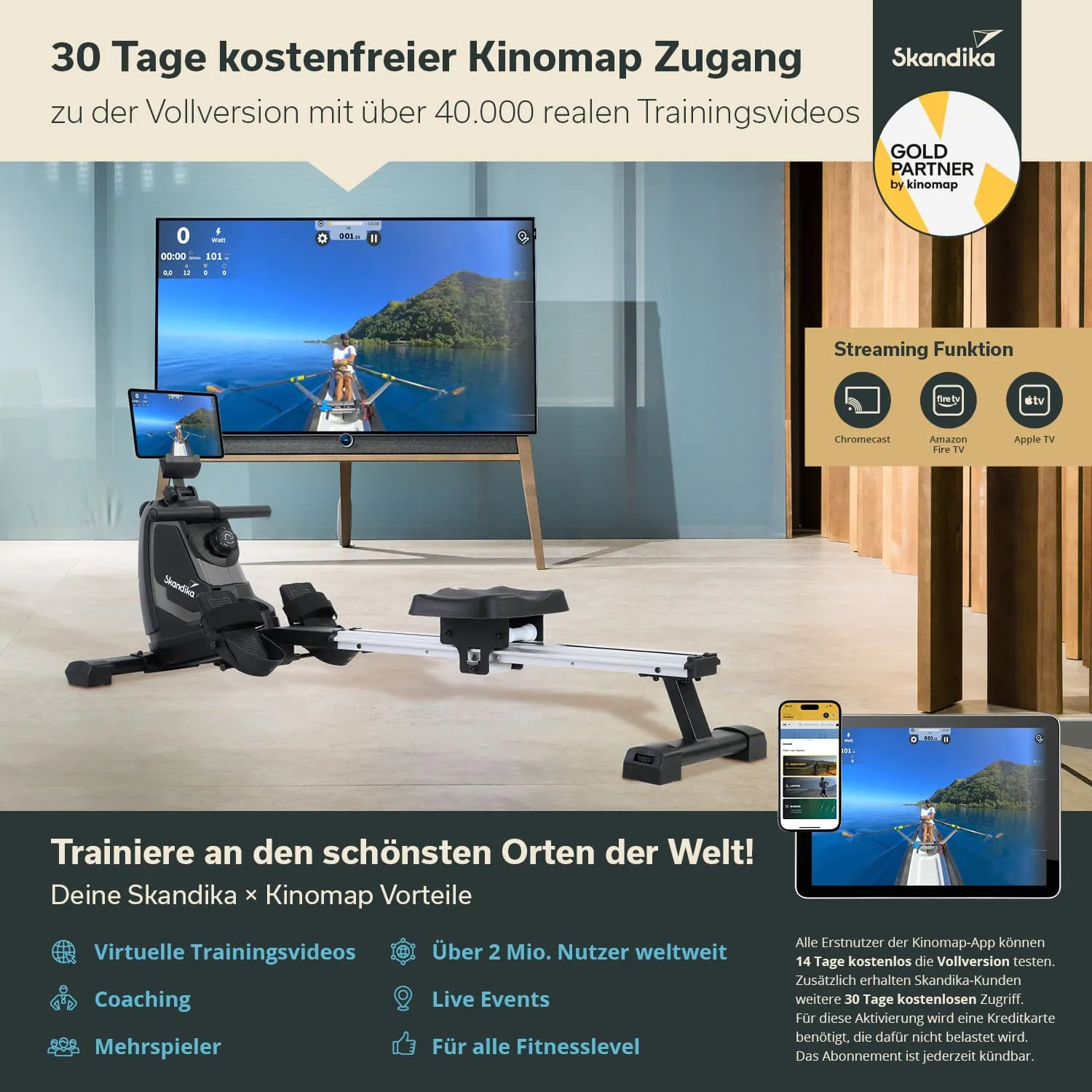 Rudergerät in modernem Raum, Bildschirm zeigt Wasserlandschaft. Text informiert über Kinomap-Zugang und Trainingsvorteile.