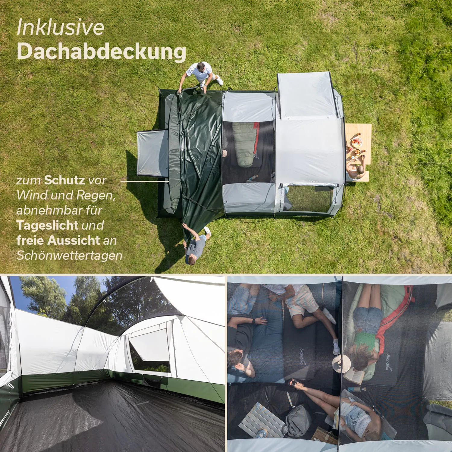 Zelt mit abnehmbarer Dachabdeckung auf Wiese. Personen fügen Teile hinzu, Details von Innenraum, Sicht nach außen.