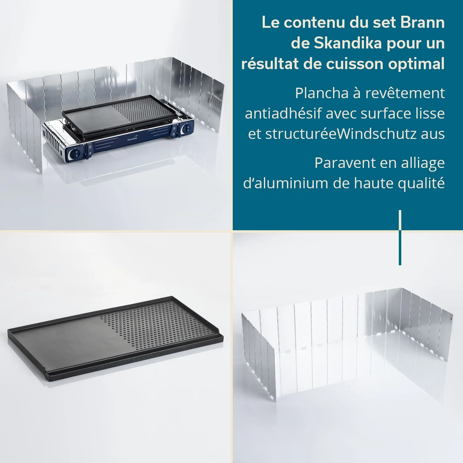 Set mit Antihaft-Grillplatte und Windschutz aus hochwertigem Aluminium auf hellem Hintergrund.