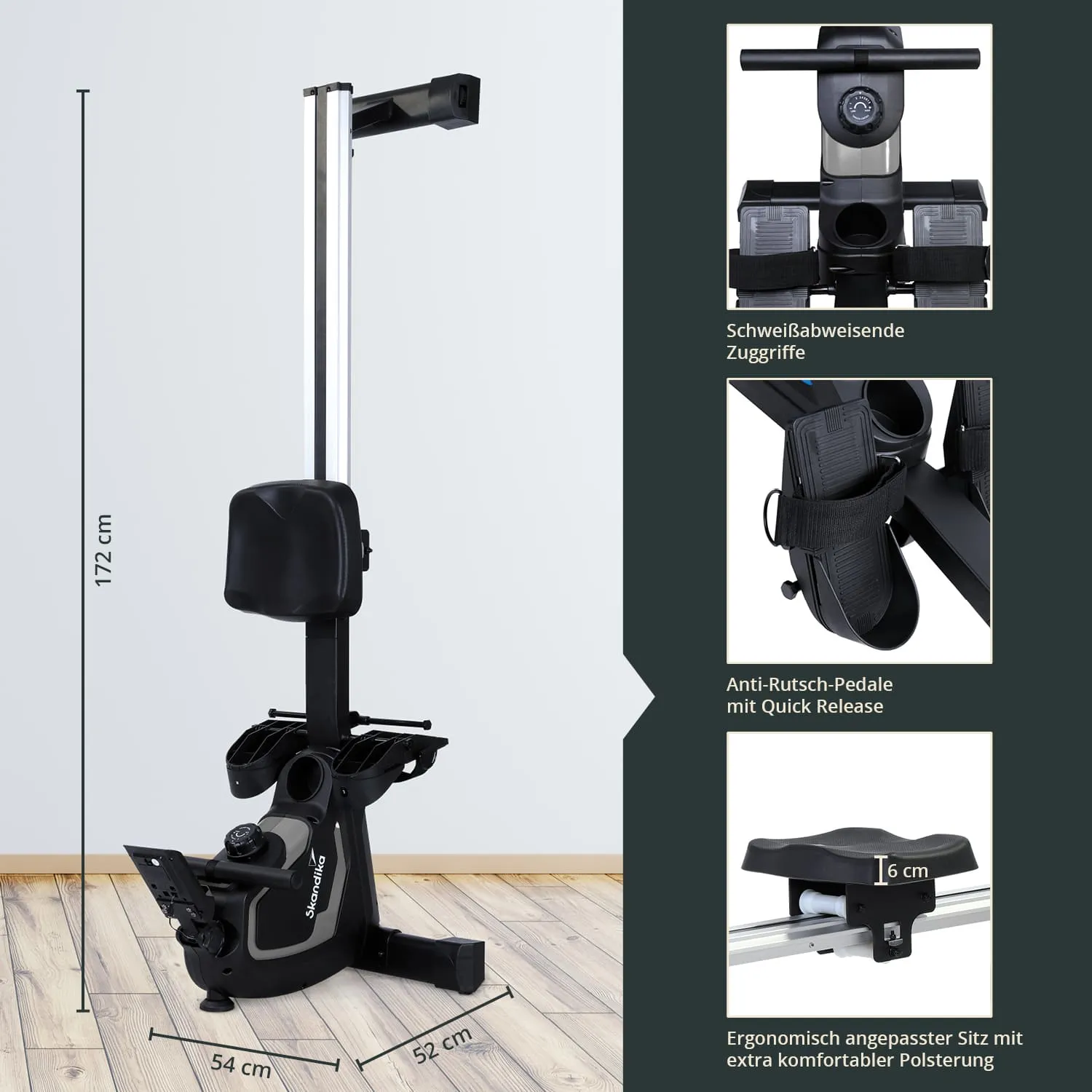 Fitnessgerät mit ergonomischem, gepolstertem Sitz, verstellbaren Pedalen und Zuggriffen. Maße: 172 cm hoch, 54 cm breit, 52 cm tief.