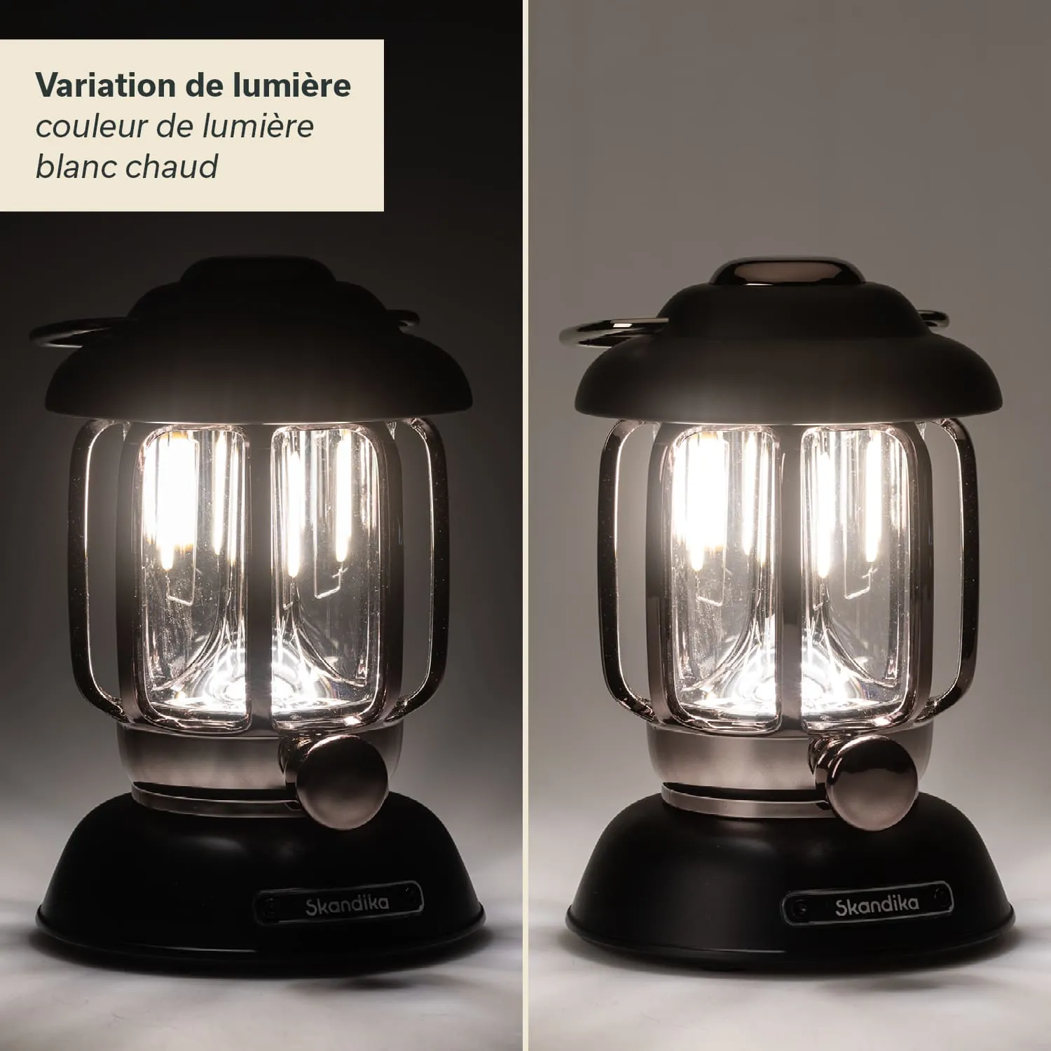 Tischlampe mit Glas und Metall, zwei Varianten der Lichtfarbe. Links warmes Licht, rechts anderes Licht. Marke „Skandika“.