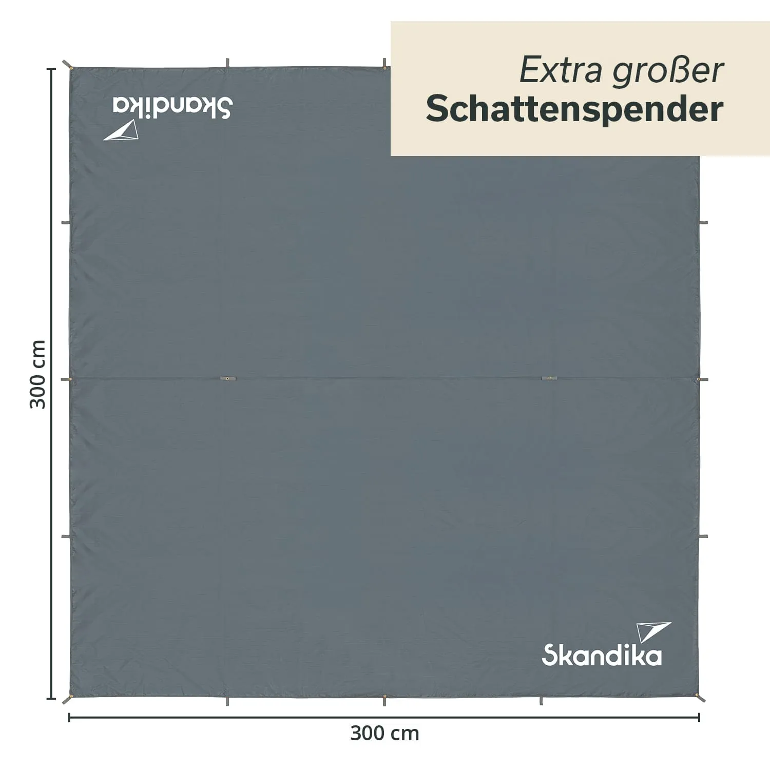 Grauer, rechteckiger Sonnenschutz mit Abmessungen von 300 cm x 300 cm und Logo "Skandika" in der Ecke.