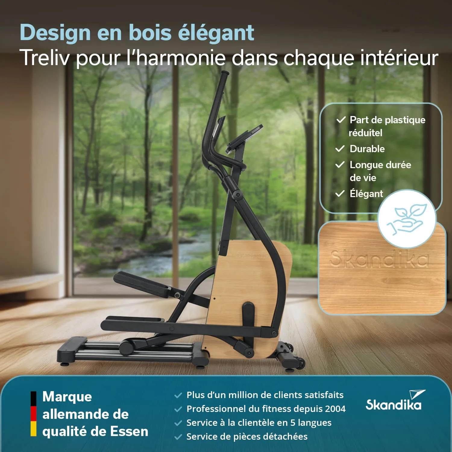Fitnessgerät mit Holzverkleidung, beleuchtet von natürlichem Licht im Hintergrund Fenster mit Blick auf einen grünen Wald.