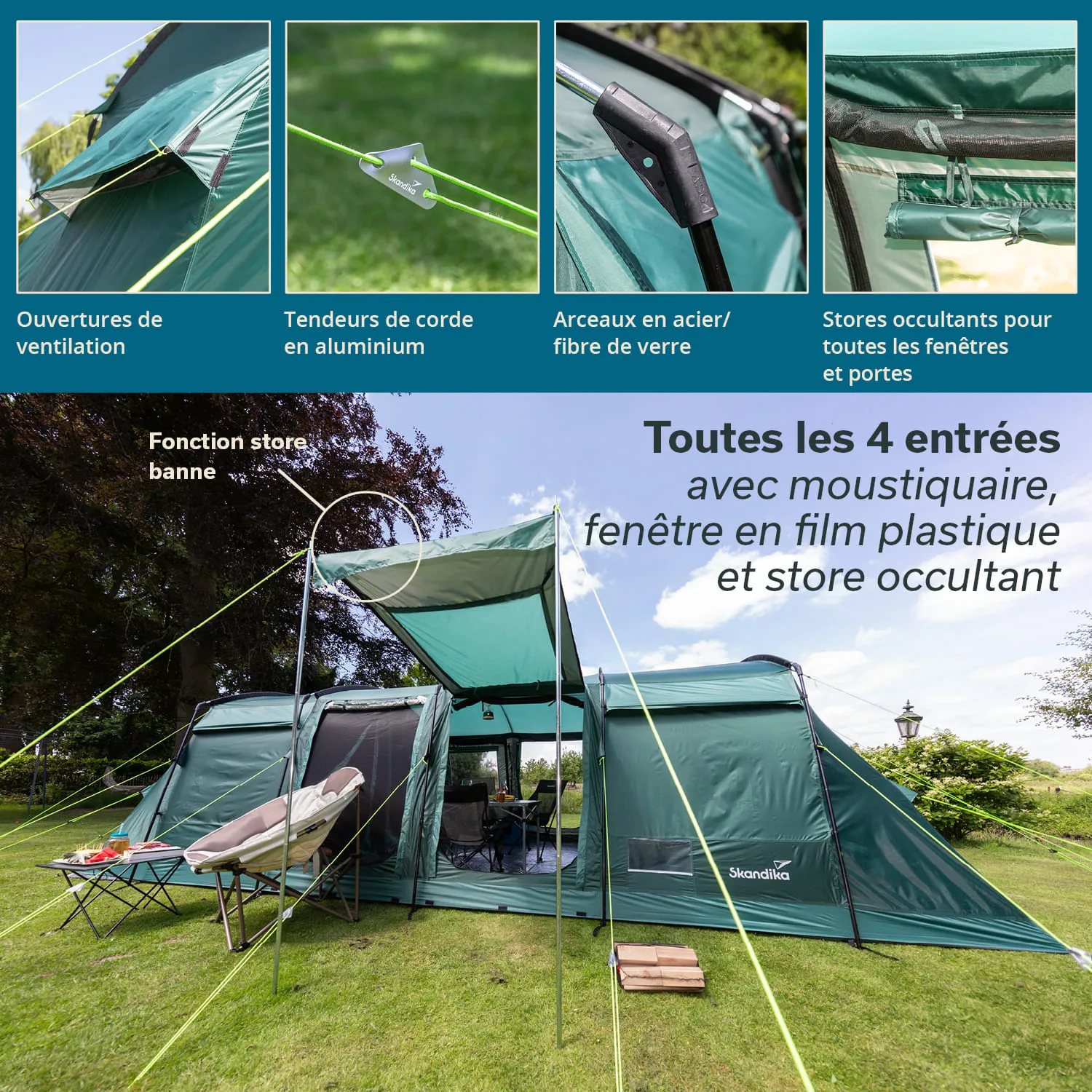 Ein Zelt mit verschiedenen Ventilationselementen, seitlichen Fenstern, einem Sonnendach und einer Einrichtung auf einer Wiese.