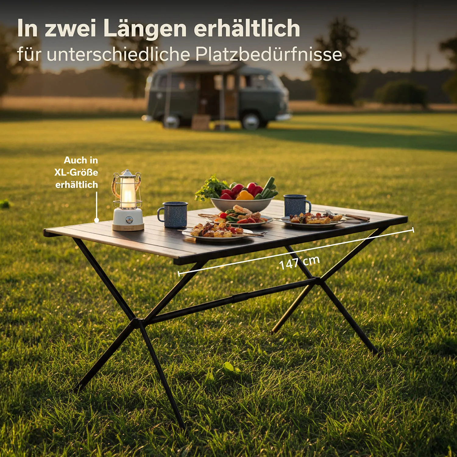 Ein Tisch mit verschiedenen Speisen und Getränken steht auf einer Wiese. Im Hintergrund ein Fahrzeug.