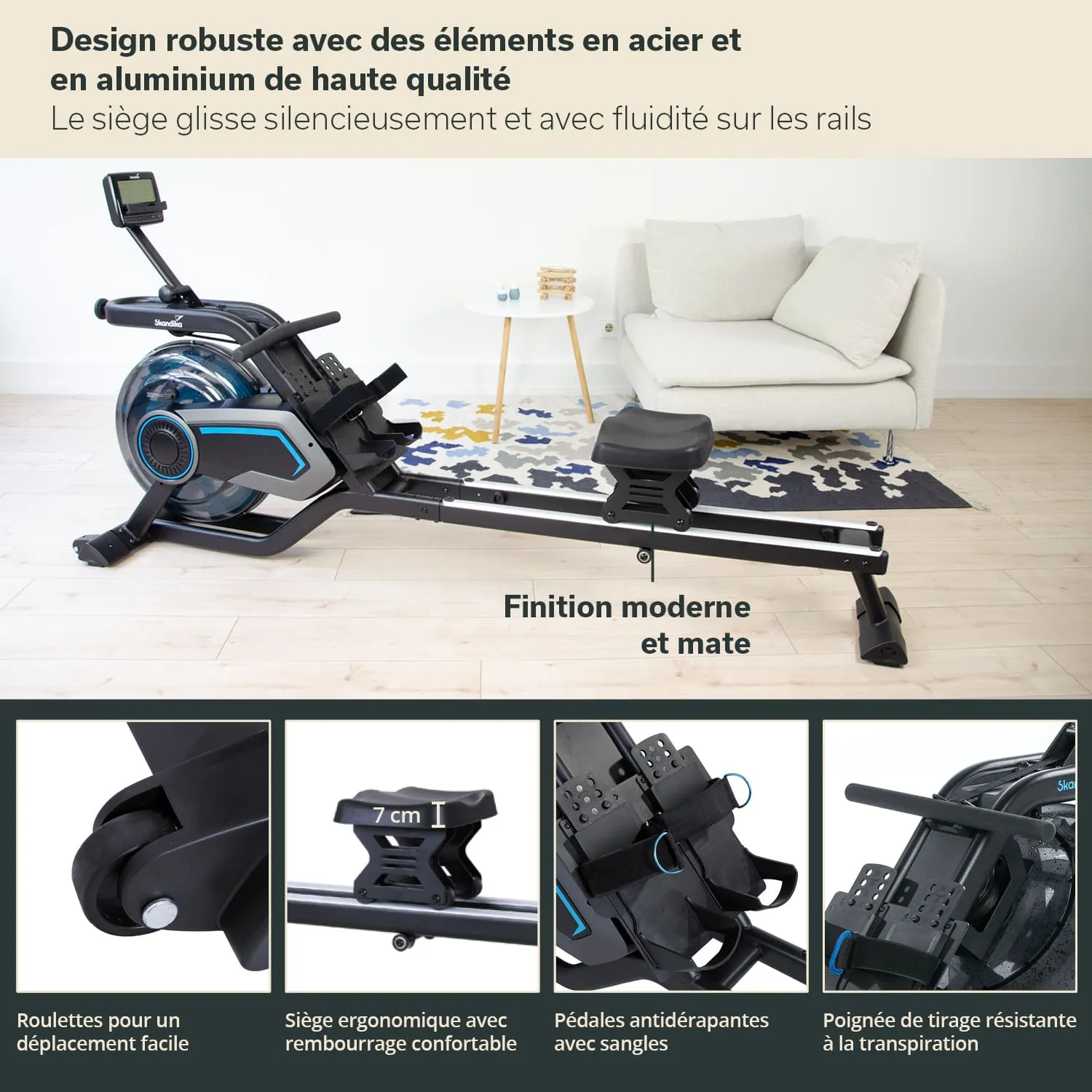 Rudergerät mit modernem Design, bestehend aus Stahl und Aluminium, auf einem hellen Boden, neben einem Couchbereich.
