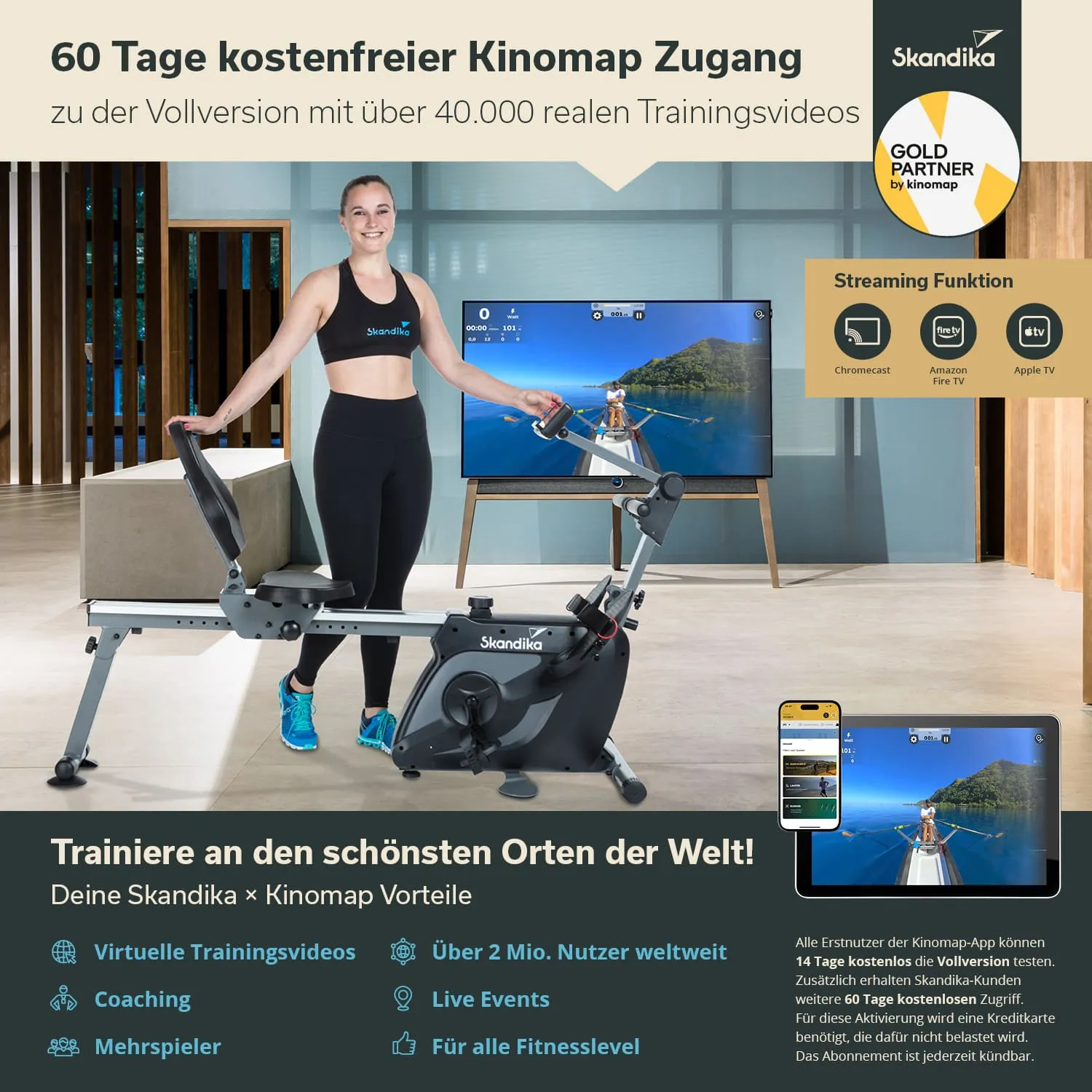 Frau steht neben einem Rudergerät. Im Hintergrund ein Fernseher mit Trainingsvideos. Verschiedene Funktionen und Vorteile sind aufgeführt.