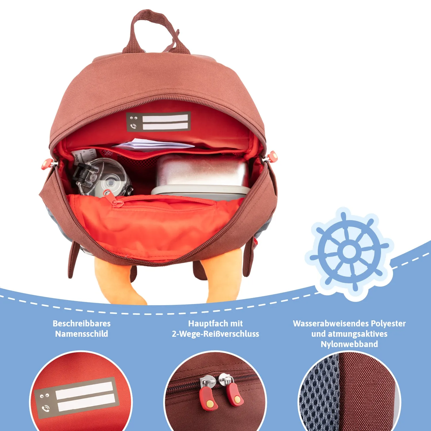 Brauner Rucksack mit geöffnetem Hauptfach, das orangefarbenes Innenfutter und eine transparente Blechdose zeigt.