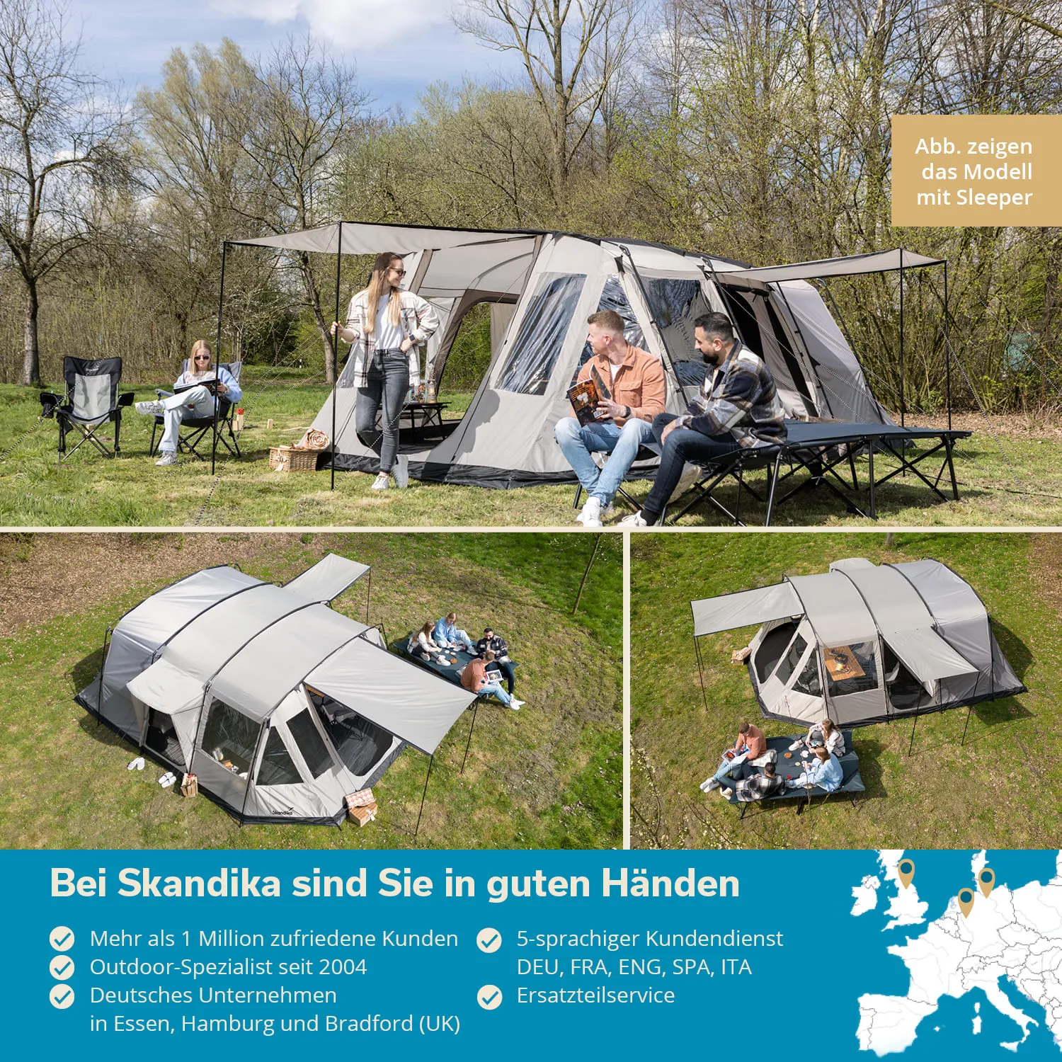 Zelt im Freien mit drei Personen auf Klappstühlen und einem weiteren Zelt im Hintergrund. Grüne Wiese und Bäume umgeben die Szene.