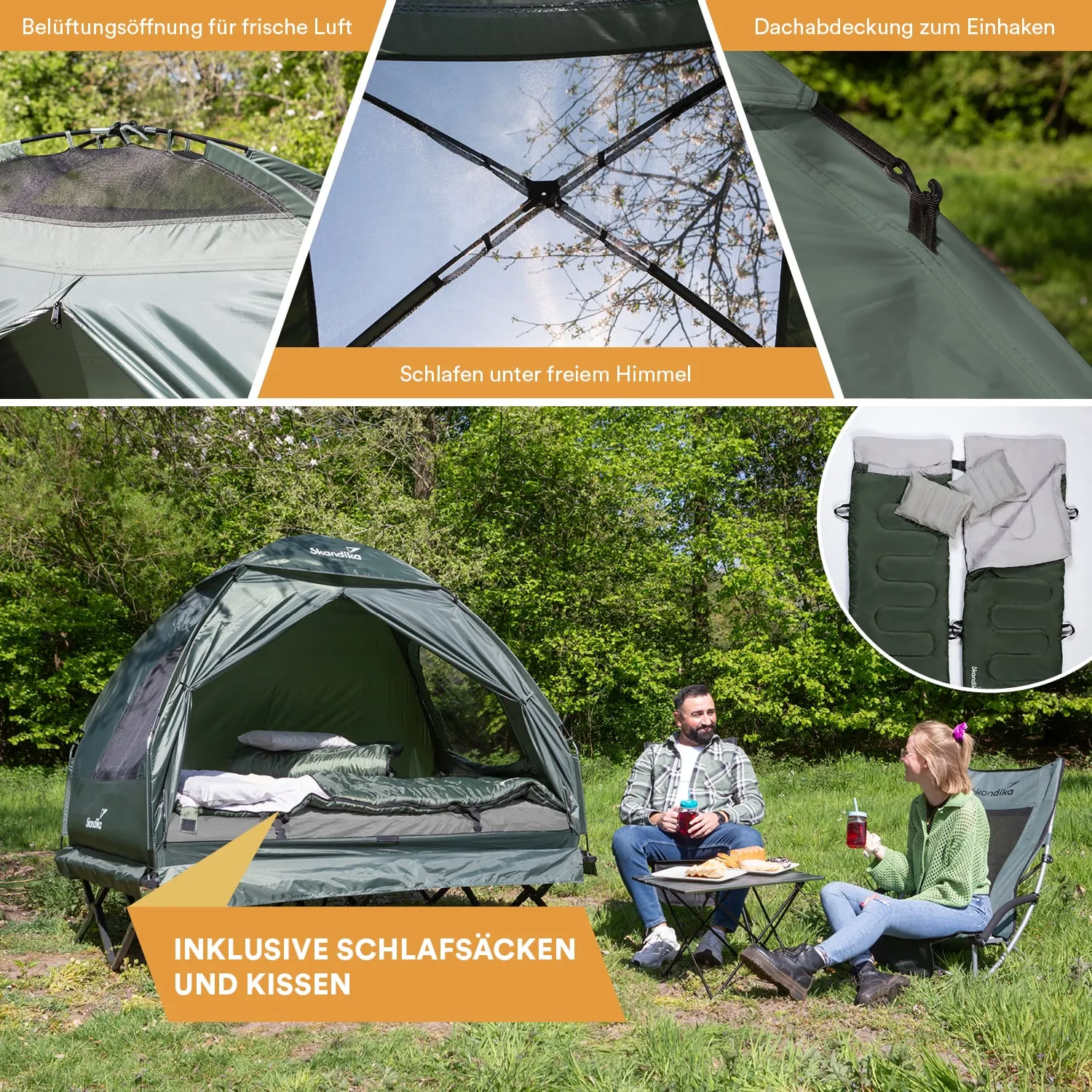 Ein grünes Zelt im Freien mit Belüftungsöffnung und Dachabdeckung. Zwei Personen sitzen vor dem Zelt, Getränke und Snacks auf einem Tisch.