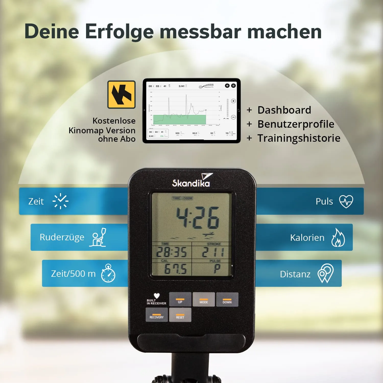 Display eines Trainingsgeräts mit Informationen zu Zeit, Ruderzügen, Puls und Kalorien sowie einem Dashboard und Benutzerprofilen.