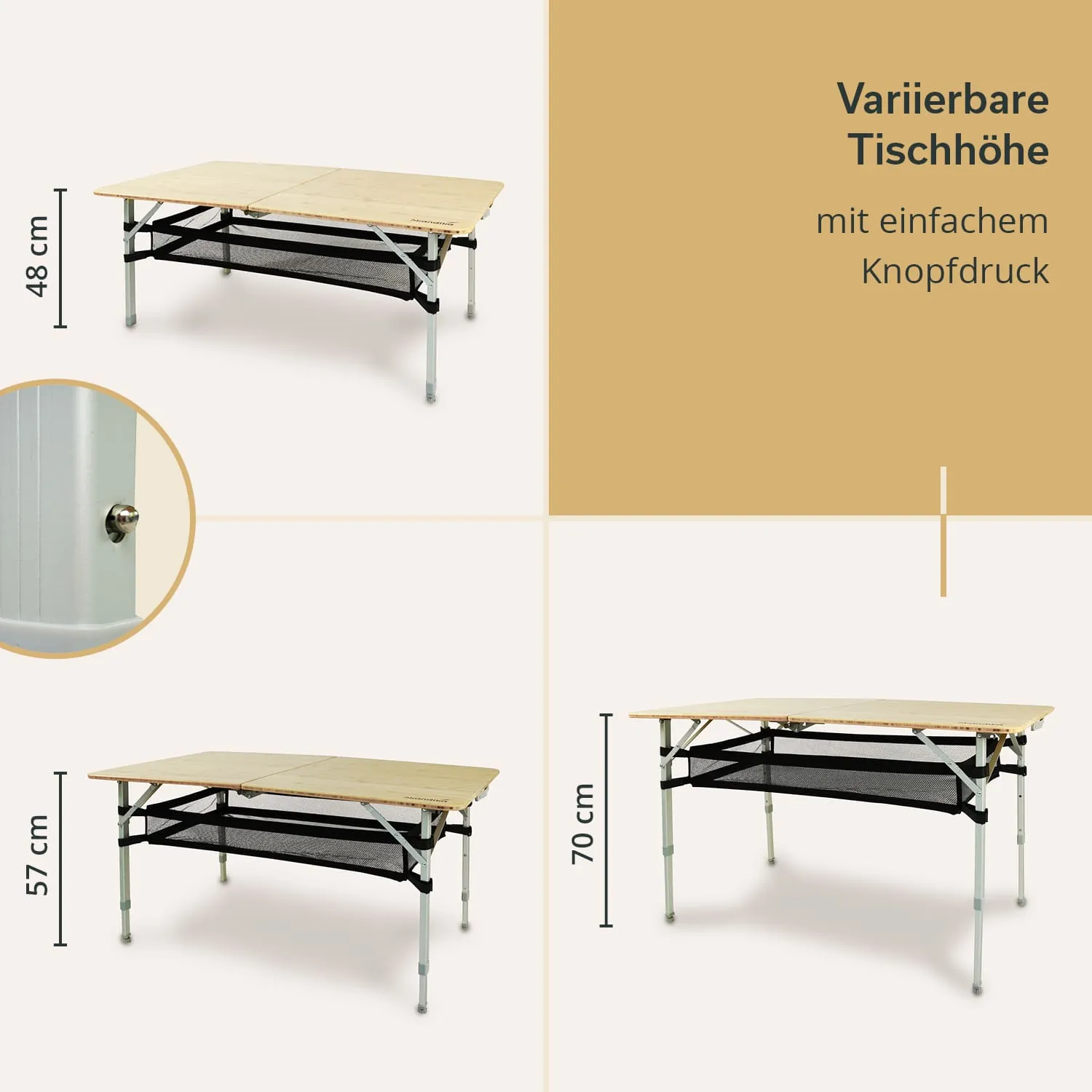 Zusammenklappbarer Tisch mit variierbarer Höhe (48 cm, 57 cm, 70 cm) und schwarzem Untergestell. Holzplatte oben.