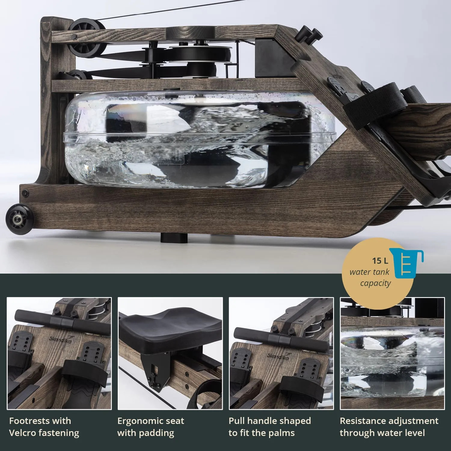 Wasser-Rudergerät aus Holz mit transparentem Wassertank. Fußrasten mit Klettverschluss, ergonomischer Sitz und spezieller Zuggriff.