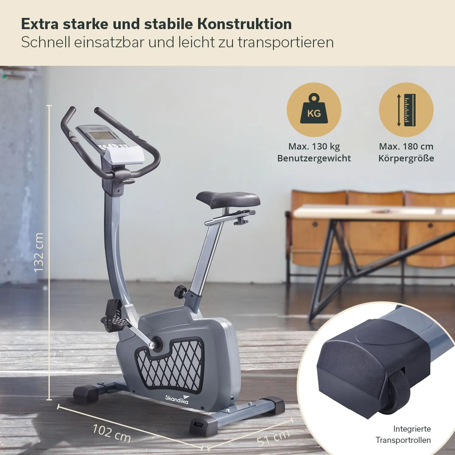 Ergometer mit stabiler Konstruktion, maximal 130 kg Benutzergewicht und 180 cm Körpergröße. In einem Raum mit Möbeln.