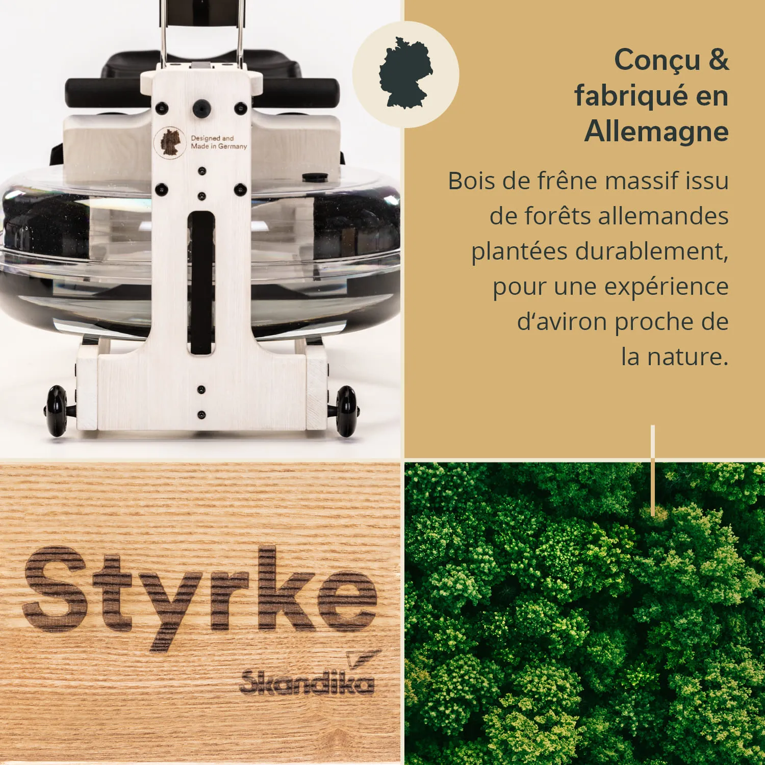Bild eines Rudergeräts aus hellem Holz und transparentem Wasserbehälter. Text beschreibt nachhaltige Materialien. Unten links Logo „Styrke“ und unten rechts grüne Baumkronen.