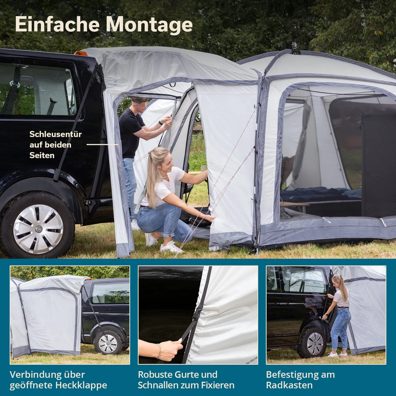 Zeltmontage neben einem schwarzen Fahrzeug. Eine Person befestigt das Zelt, das eine Schleusentür auf beiden Seiten hat. In der Ecke sind Konstruktionsdetails zu sehen.