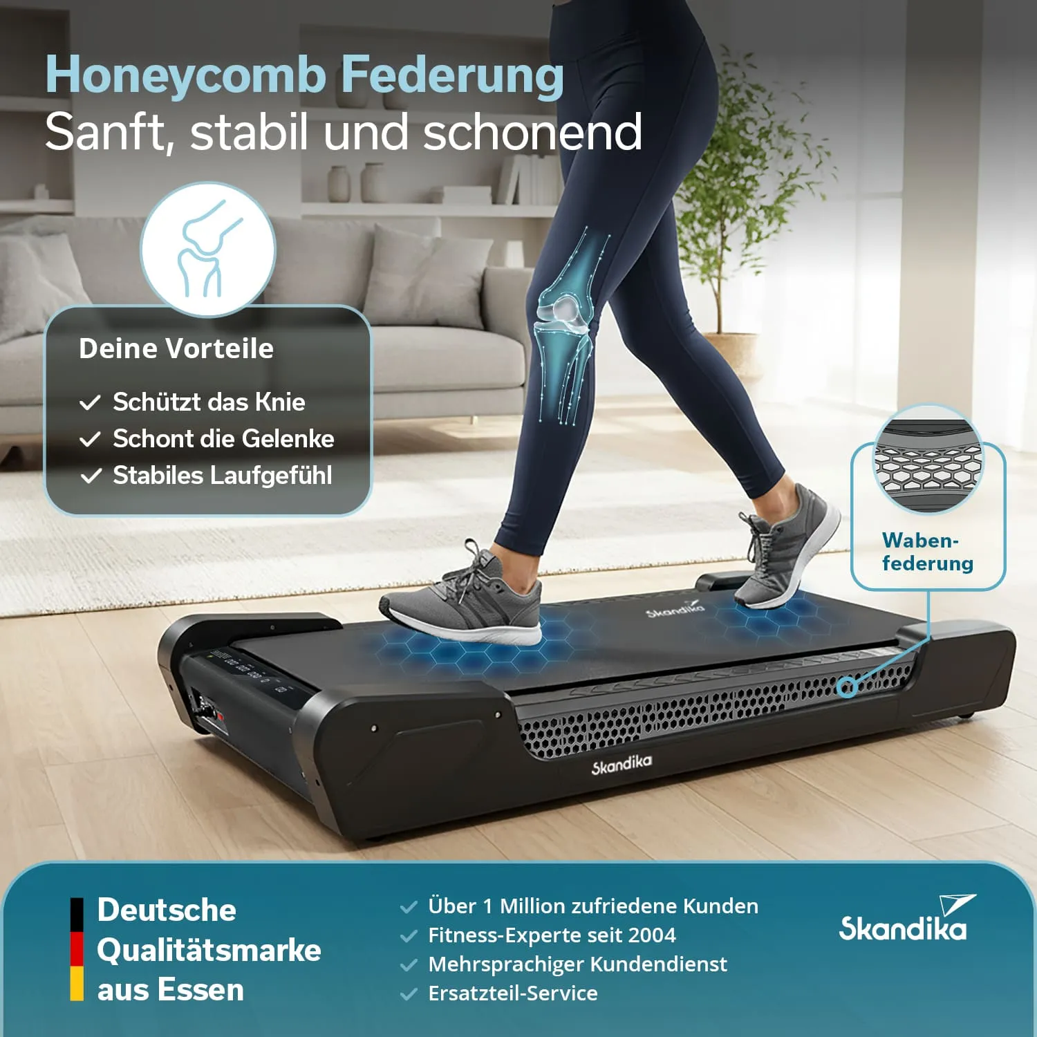 Ein Laufband mit einer Person, die darauf läuft. Informationen über die Honeycomb-Federung und deren Vorteile sind sichtbar.