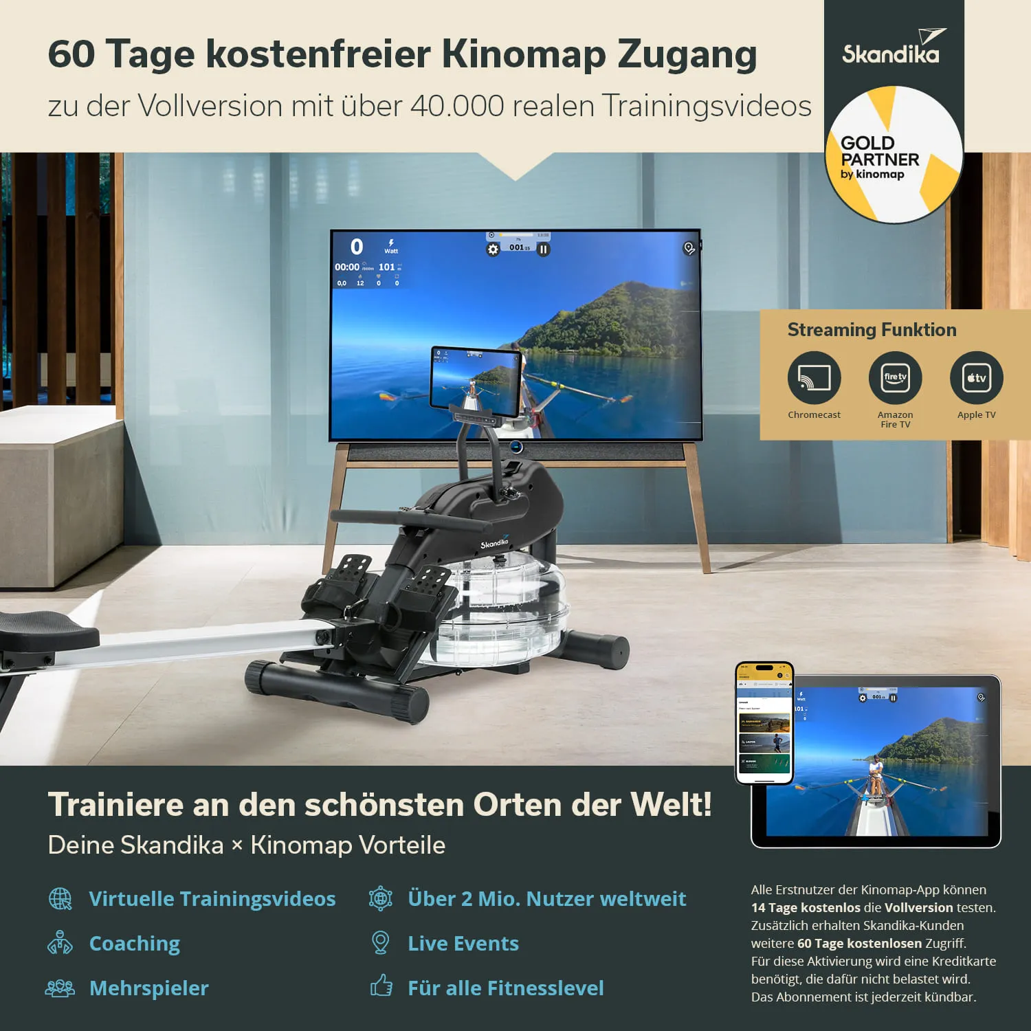 Rudermaschine in einem modernen Raum, Fernseher im Hintergrund mit Trainingsstatistiken und Werbung für Kinomap-Zugang.