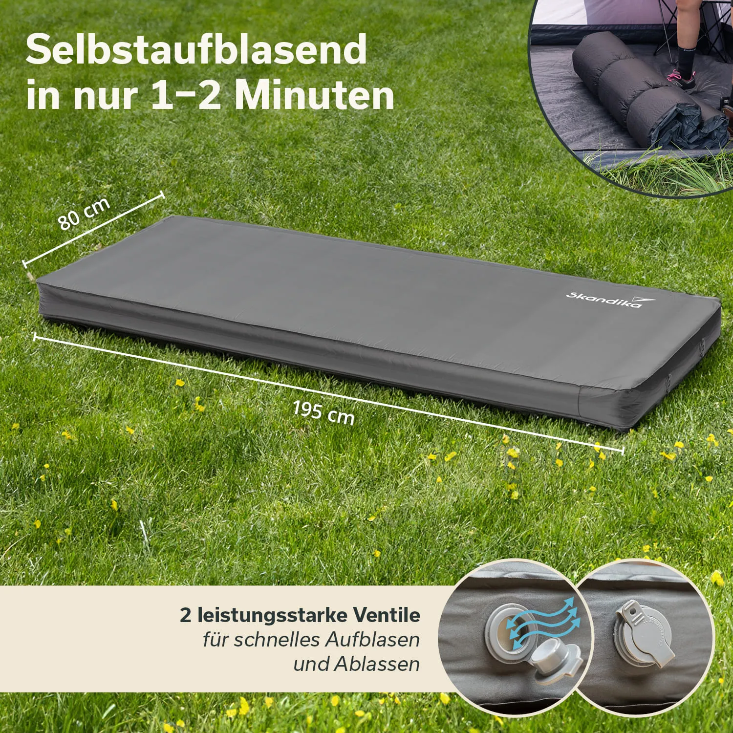 Selbstaufblasende Matte auf Wiese, Maße 80 cm × 195 cm, mit Ventilen zum Aufblasen und Ablassen.