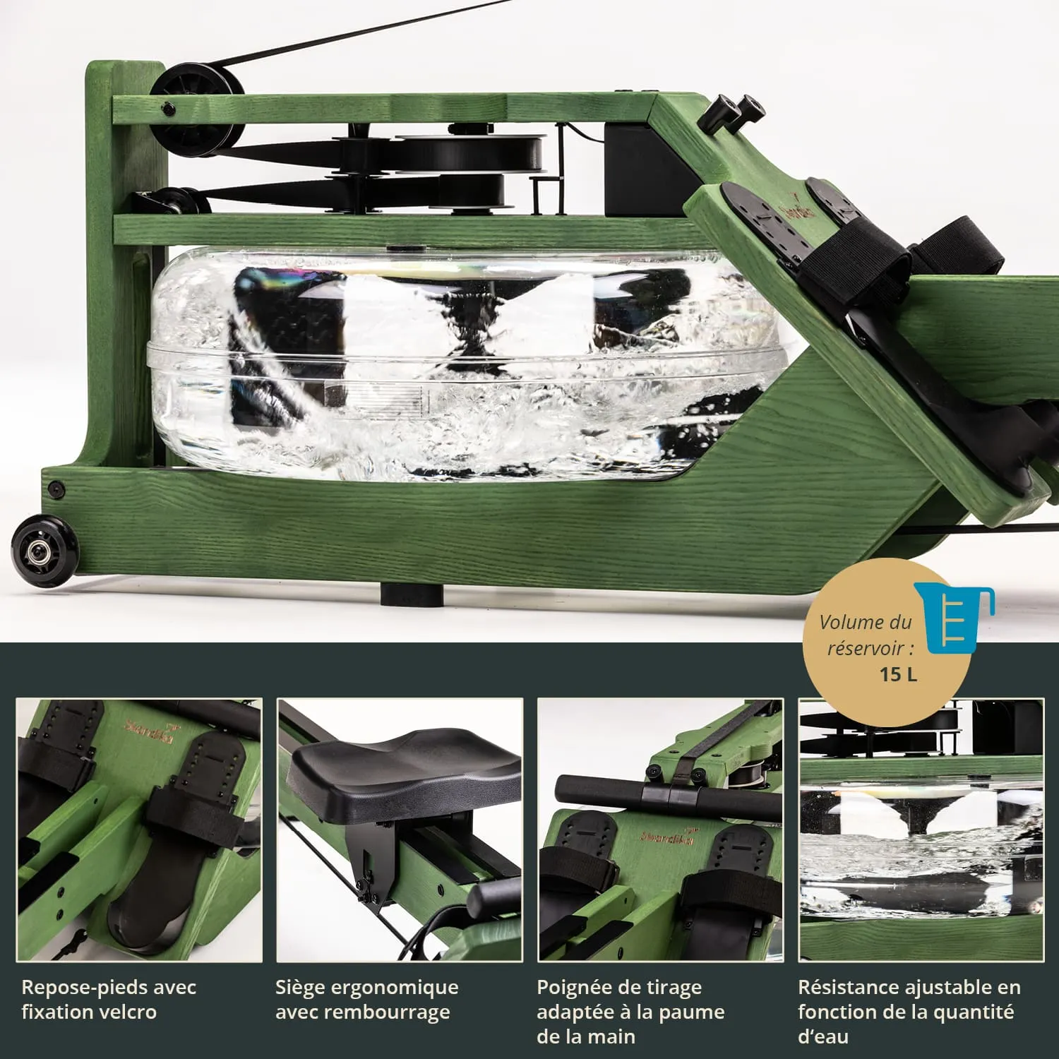 Rudergerät mit grünem Holzrahmen und transparentem Wassertank. Ergonomischer Sitz und Fußstützen mit Velcro-Befestigung.