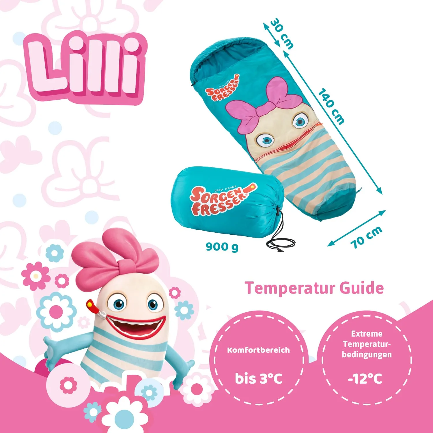 Schlafsack mit Muster in Blau und Weiß, abgebildetes Maskottchen mit buntem Gesicht und Lili-Gesicht, Maßangaben und Temperaturhinweise.