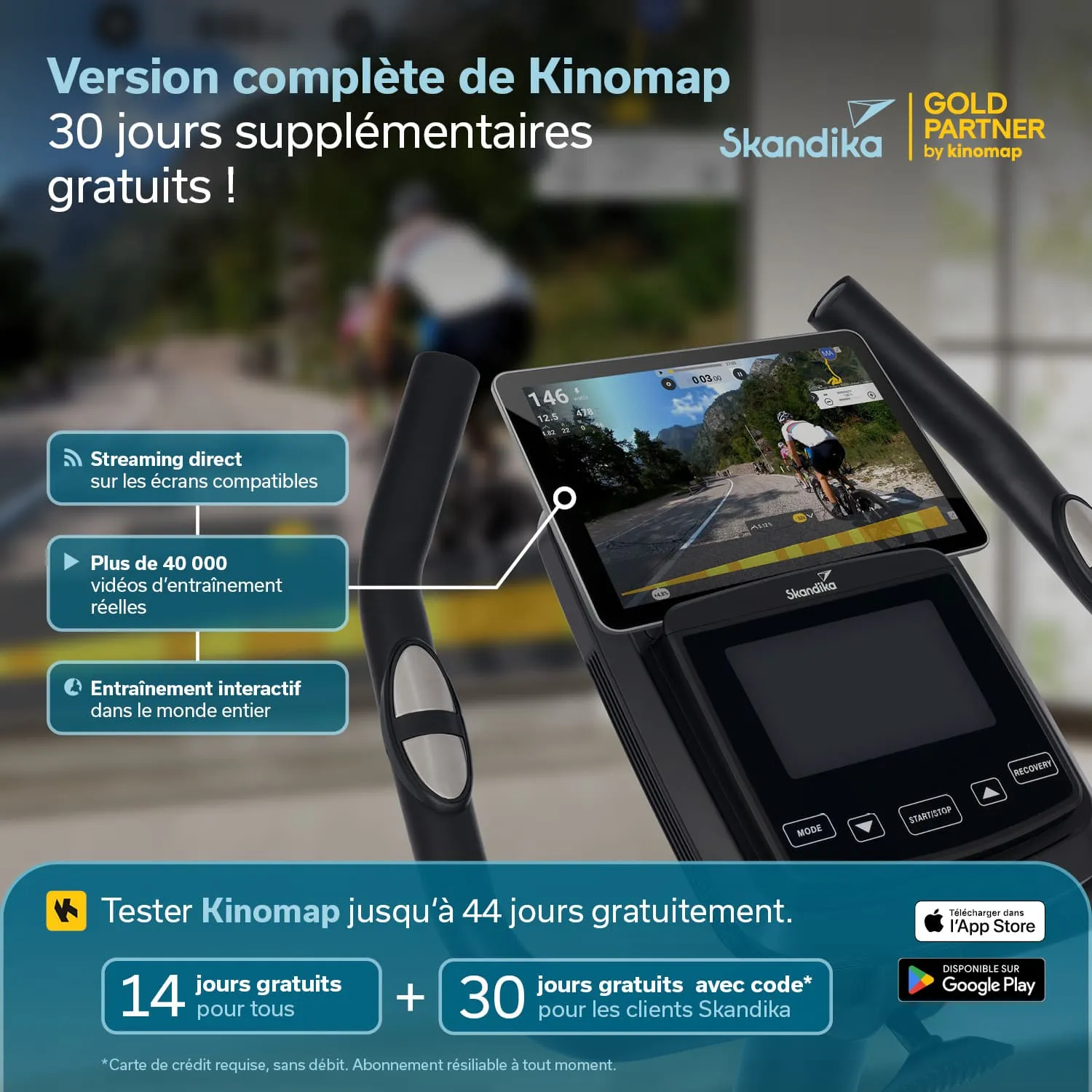 Ein Fitnessgerät mit einem Bildschirm, der eine Landschaft mit Fahrradfahrern zeigt. Textinformationen zu Kinomap und Vorteilen sind sichtbar.