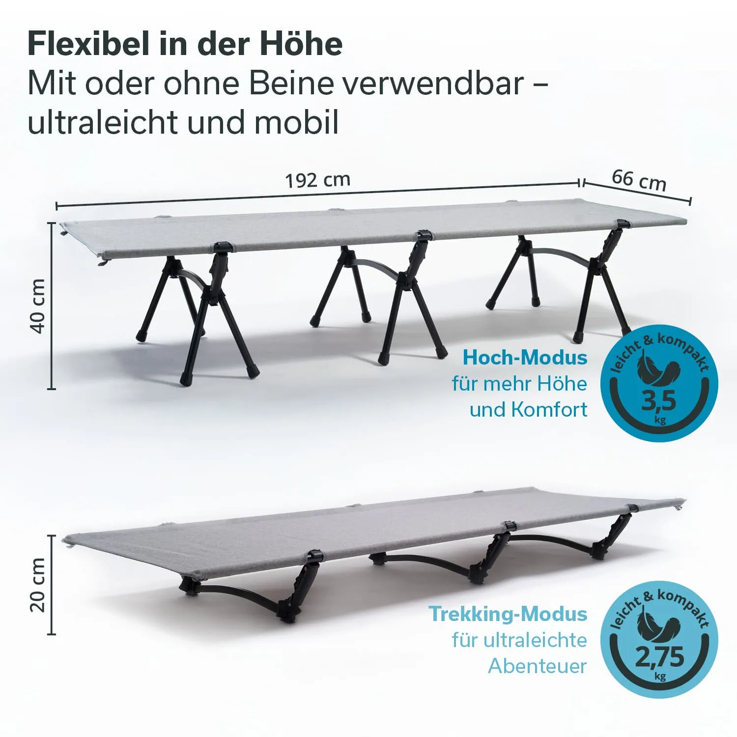 Klappliege in zwei Höhen: Hoch-Modus (40 cm) und Trekking-Modus (20 cm). Maße: 192 x 66 cm, leicht und mobil.
