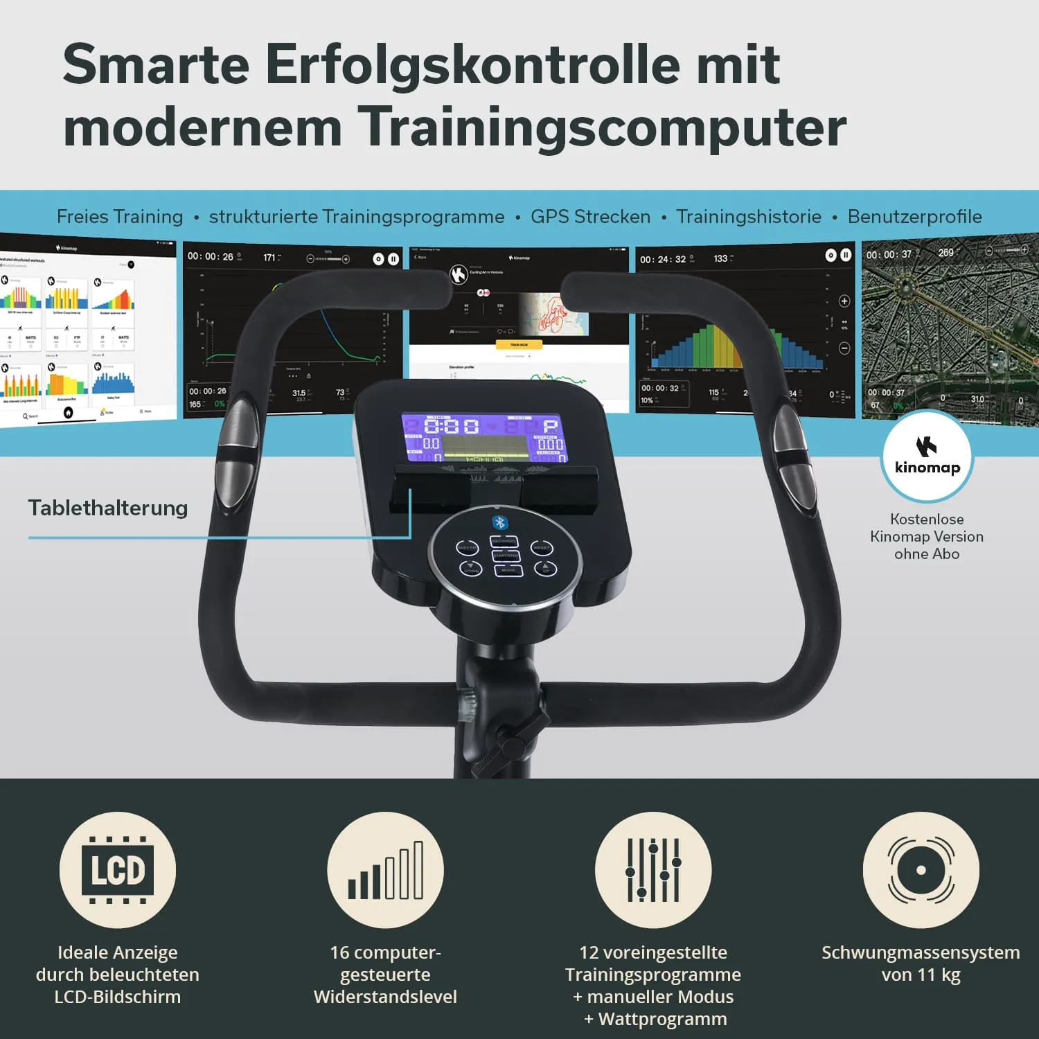 Trainingscomputer mit LCD-Bildschirm, Tablet-Halterung und Bedienelementen. Diagramme und Statistiken im Hintergrund.