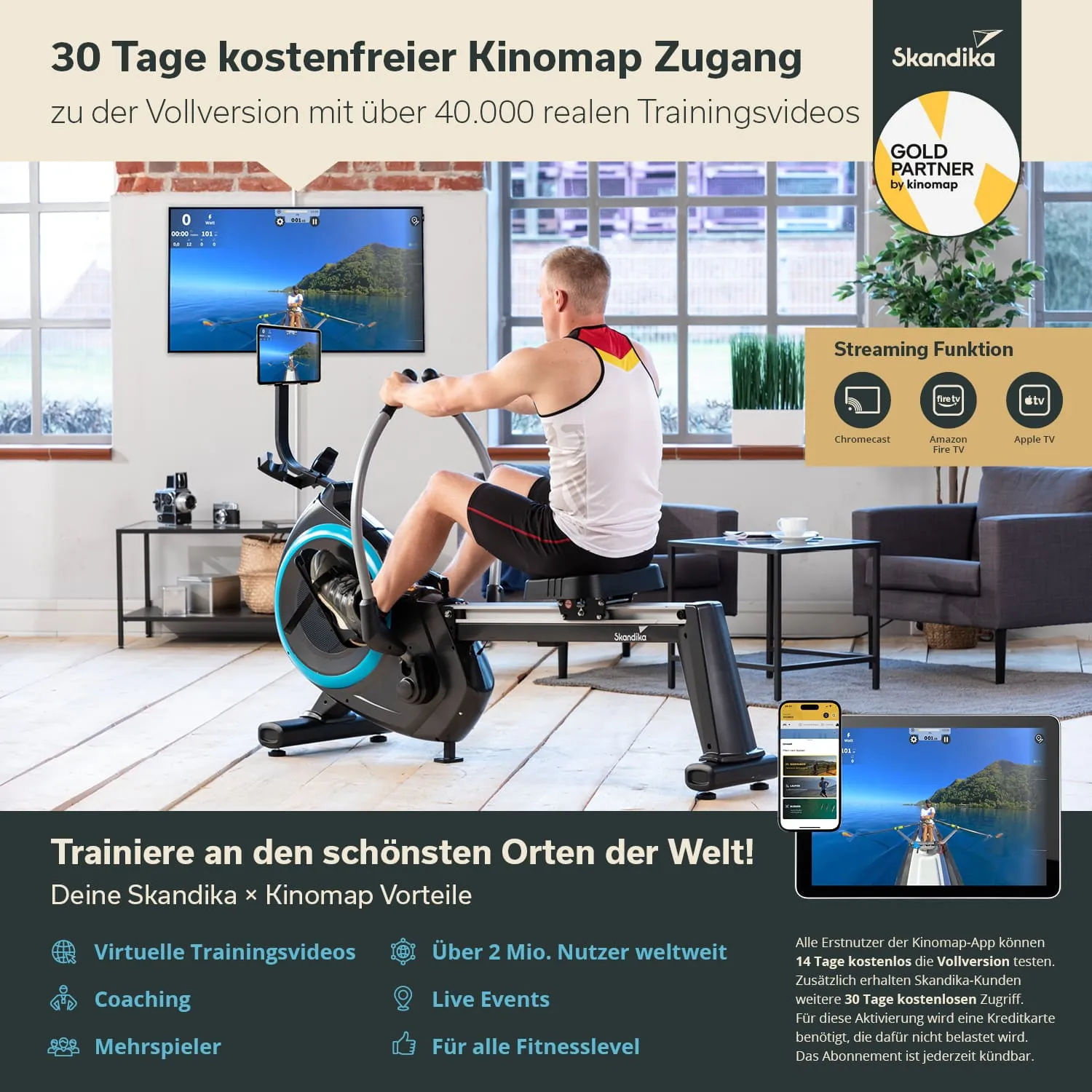Eine Person trainiert auf einem Rudergerät in einem hellen Raum. Im Hintergrund hängt ein Bildschirm, der ein Trainingsvideo zeigt. Daneben steht ein Tisch mit einem Tablet.
