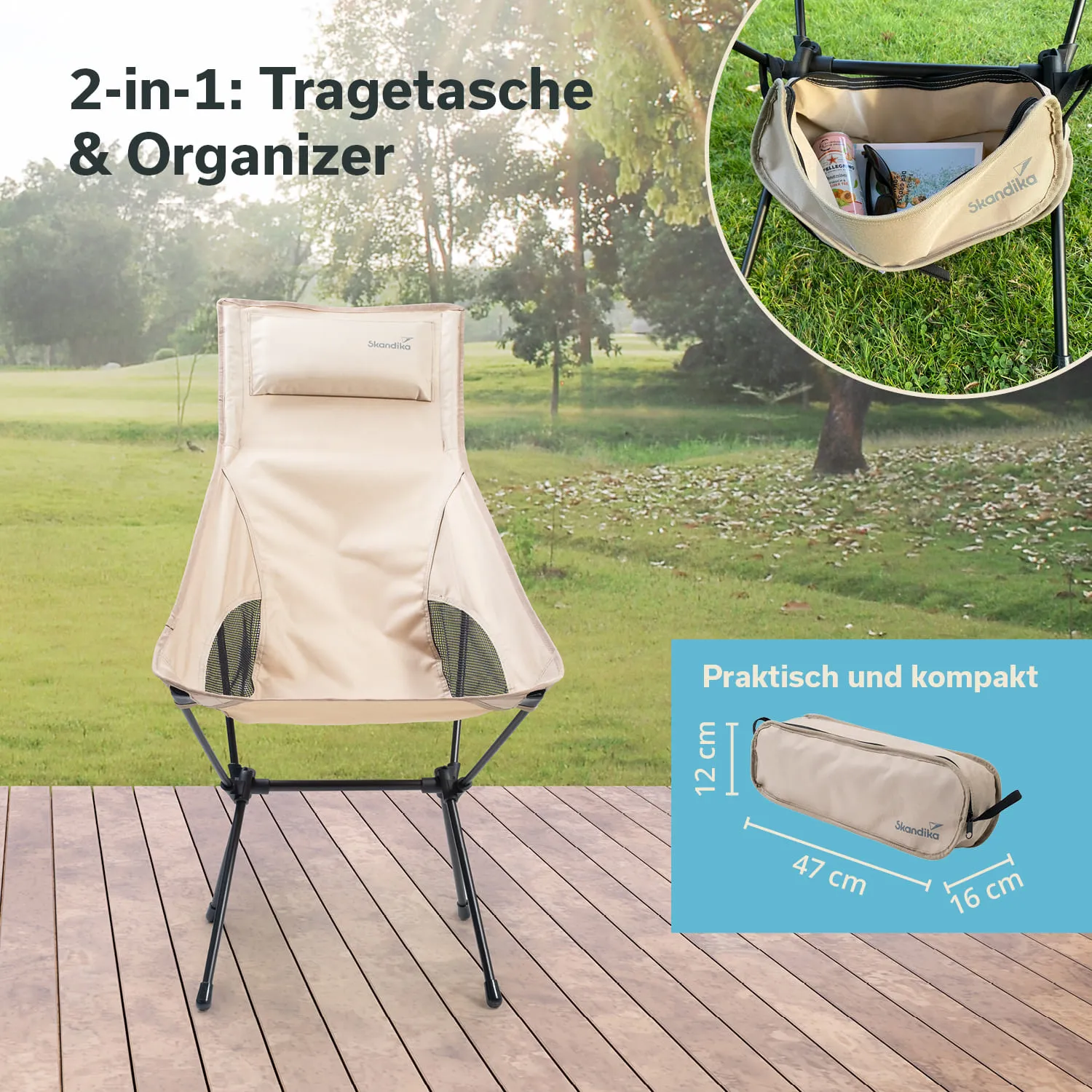 Beige Klapplounge-Stuhl mit Kopfpolster auf Holzfußboden. Im Hintergrund Rasen und Bäume. Zusätzliche Abbildung zeigt Organizer.