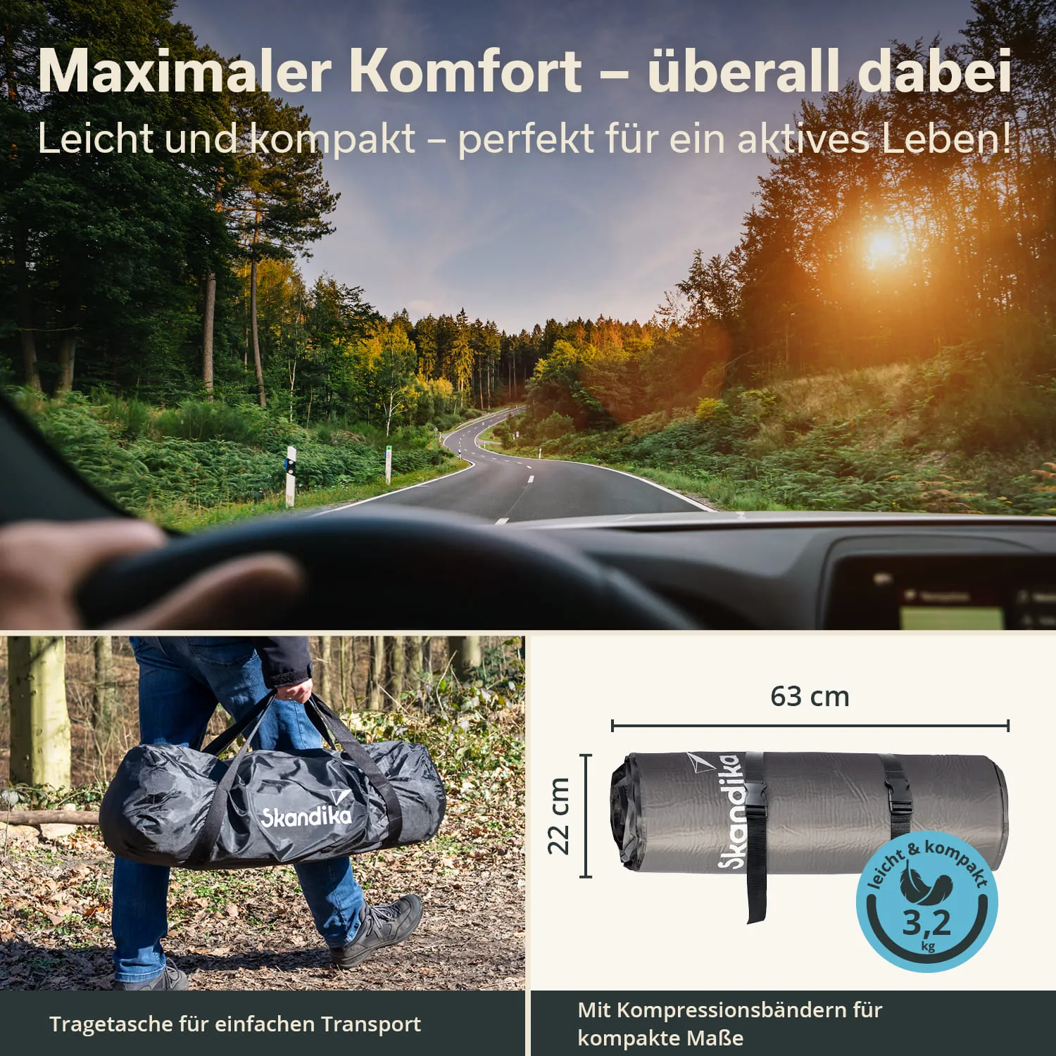 Waldstraße mit Sonnenuntergang im Hintergrund. Oben links Text zu Komfort. Unten Person trägt Tragetasche. Maßangaben rechts.