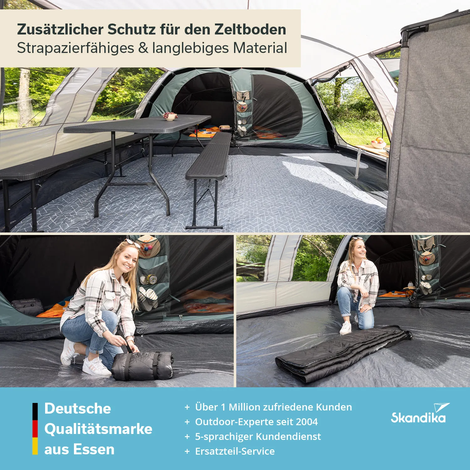 Zeltinnere mit Lichthimmel, einem Tisch und einer Bank. Eine Person faltet eine Matte zusammen. Grünes Umfeld sichtbar.