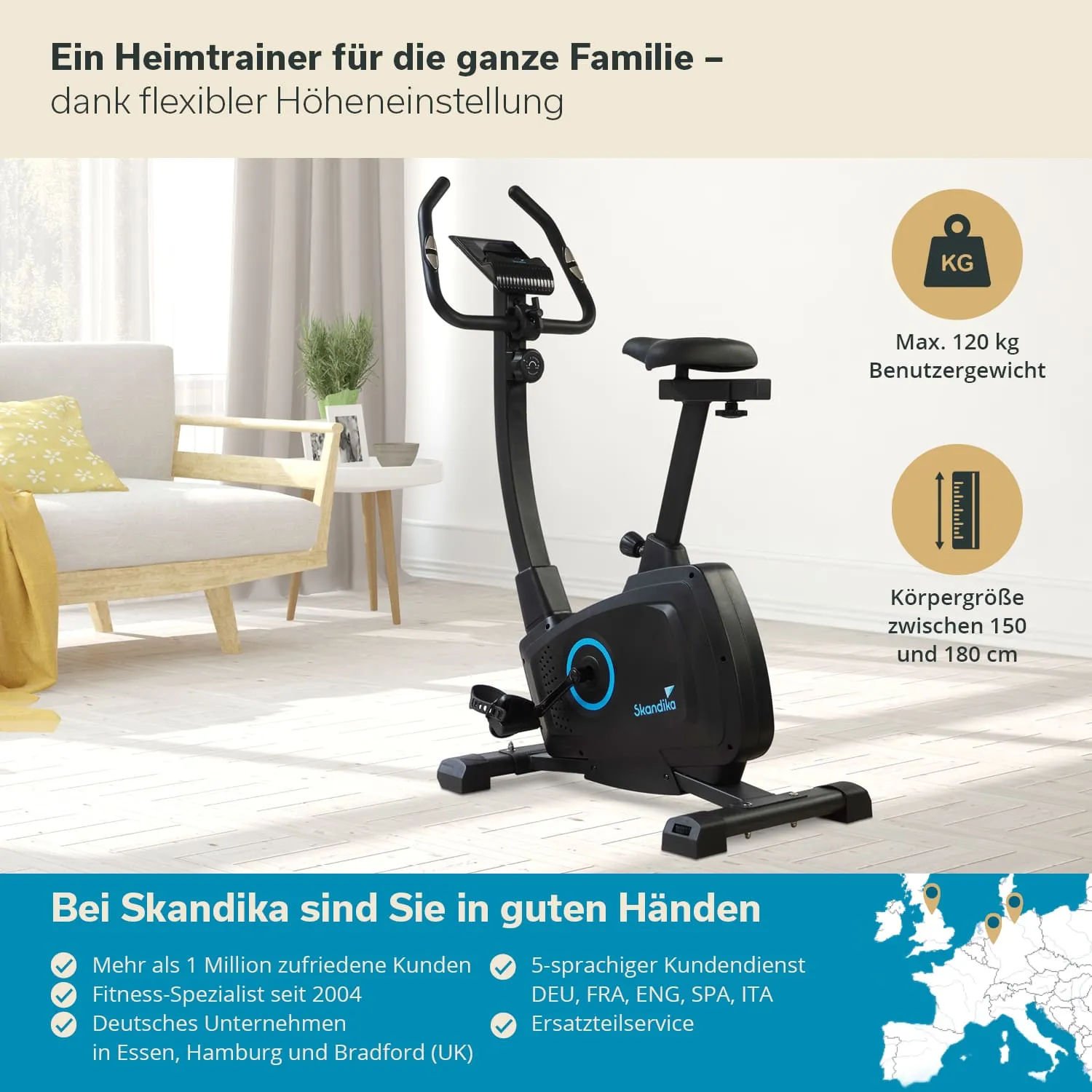 Ein Heimtrainer steht in einem hellen Raum neben einem Sofa. Der Trainer hat eine verstellbare Sitzhöhe. Informationen zur maximalen Benutzergewicht und Körpergrößen sind daneben abgebildet.