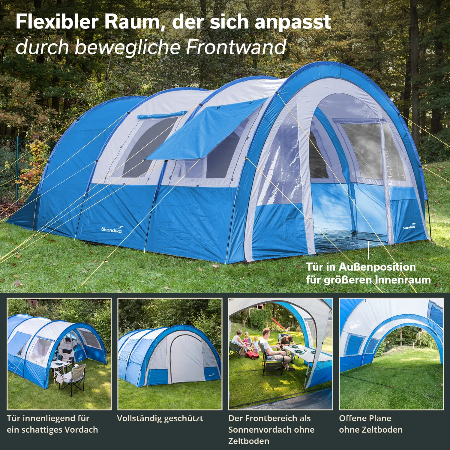 Blaues Zelt in einem Wald, mit beweglicher Frontwand. Optimaler Innenraum, verschiedene Ansichten und Verwendungsmöglichkeiten.