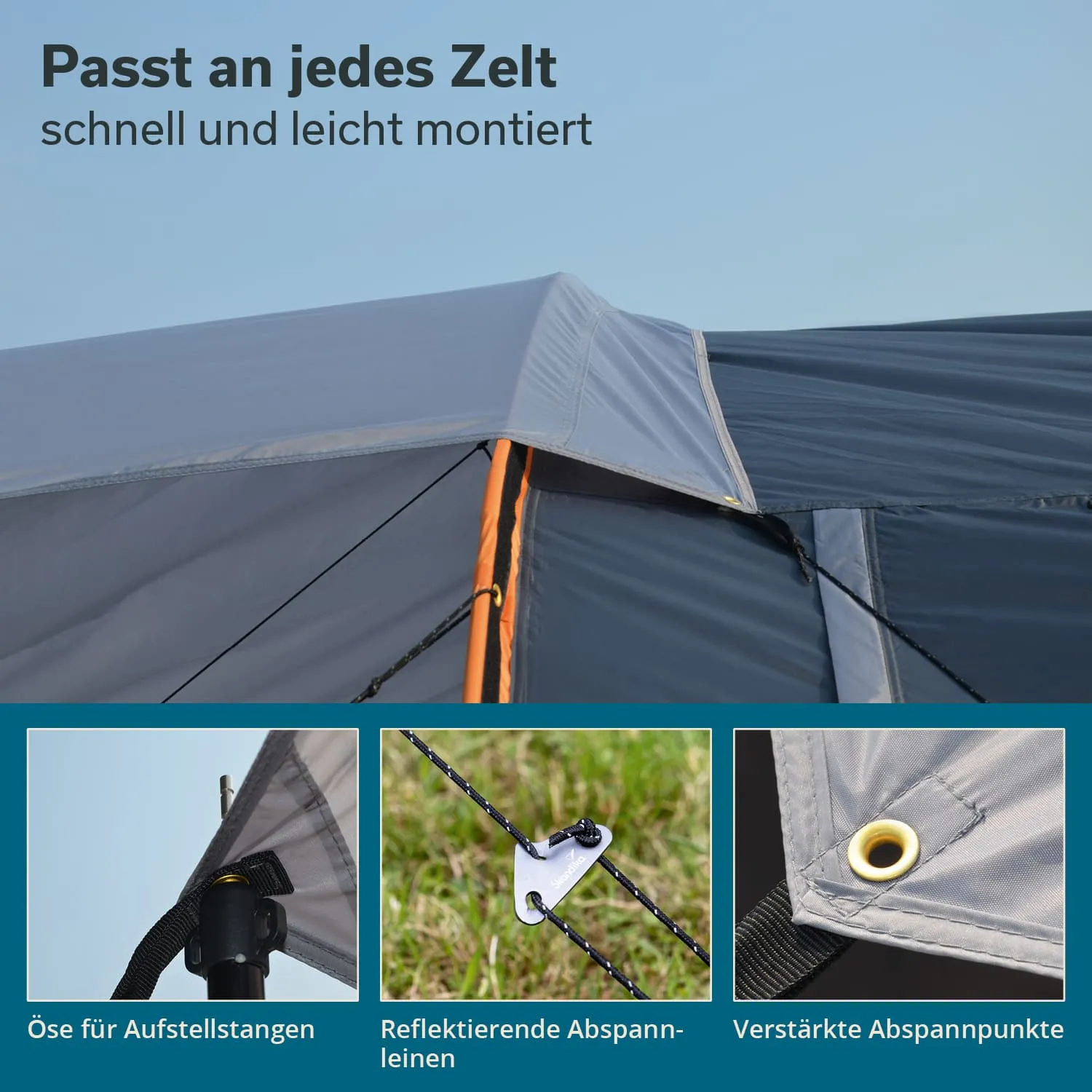 Graues Zelt mit orangefarbenen Elementen unter blauem Himmel, detailreiche Abbildungen von Ösen, Abspannleinen und verstärkten Punkten.