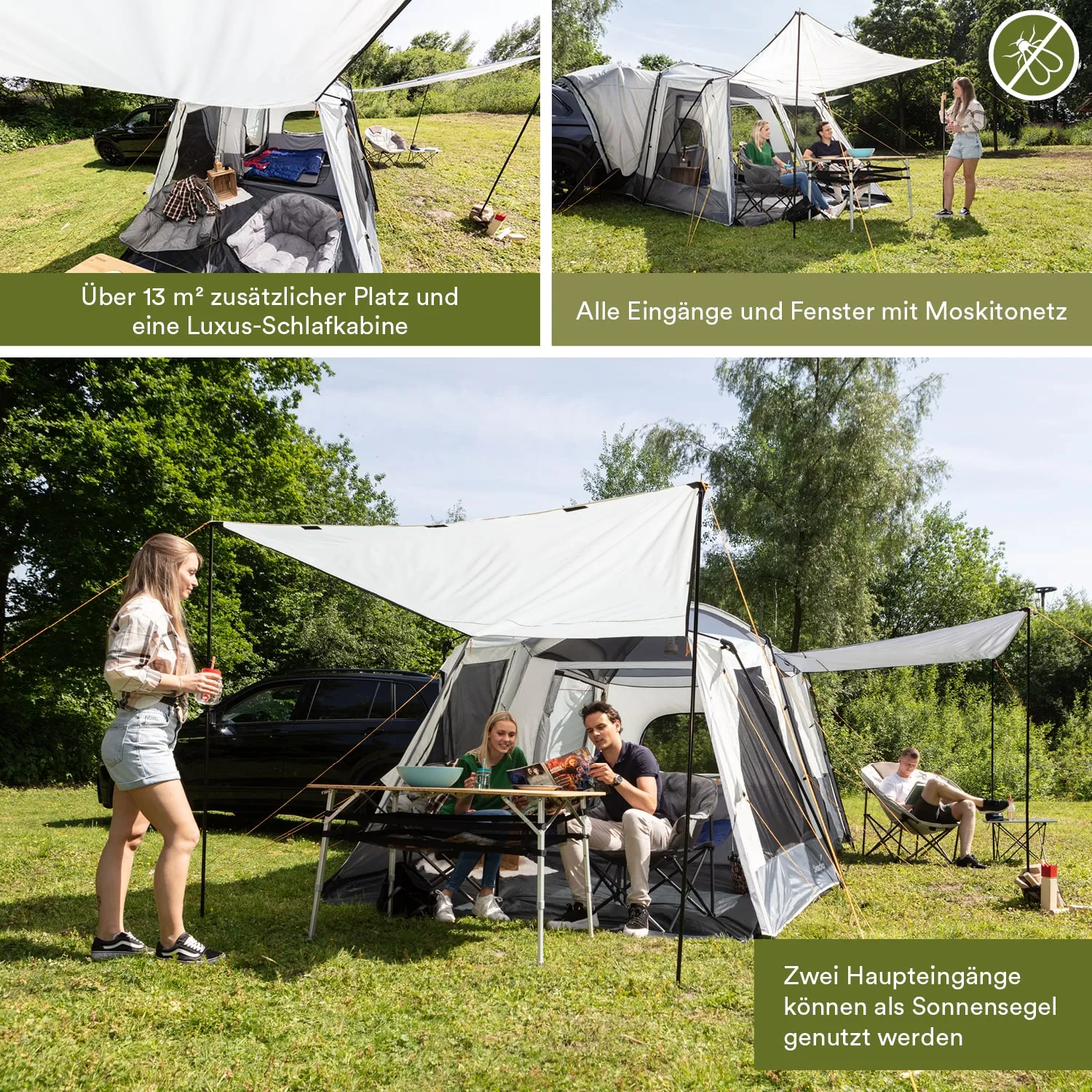Zelte mit Schatten und Sitzgelegenheiten auf einer Wiese, drei Personen sitzen an einem Tisch, eine Person steht.